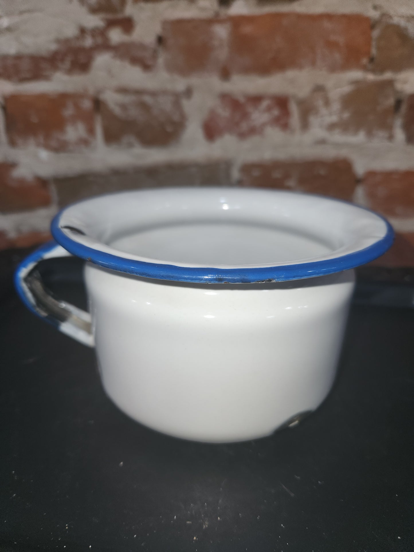 Antique enamel enamelware childrens chamber pot white with lighter blue trim enm8
