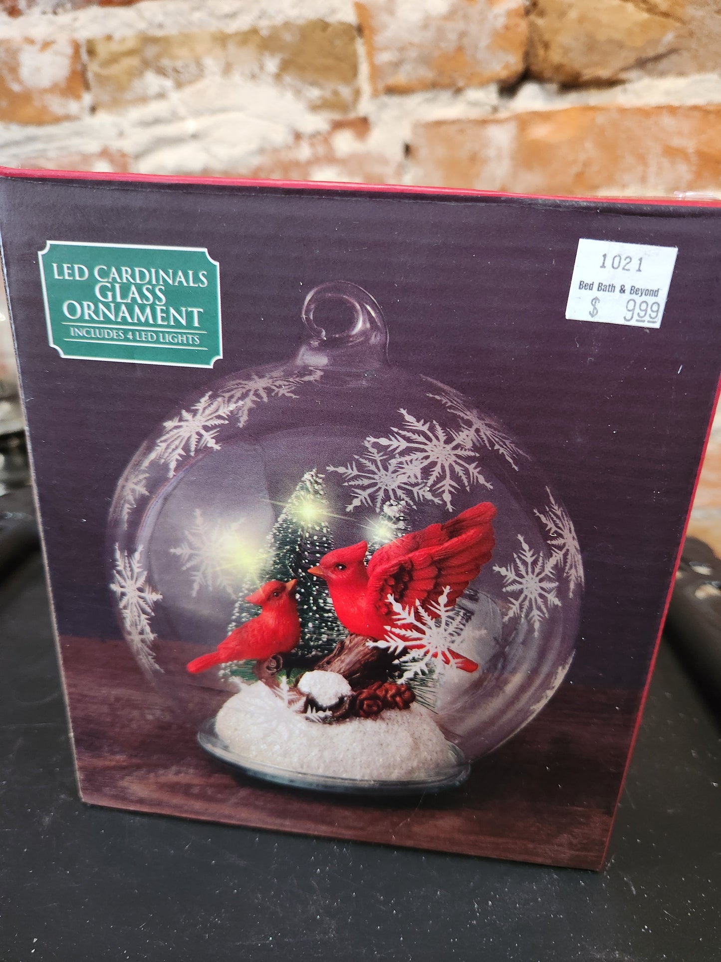 Large 5" Glass Ornament with cardinals and led light designed by Mark Feldstein len67