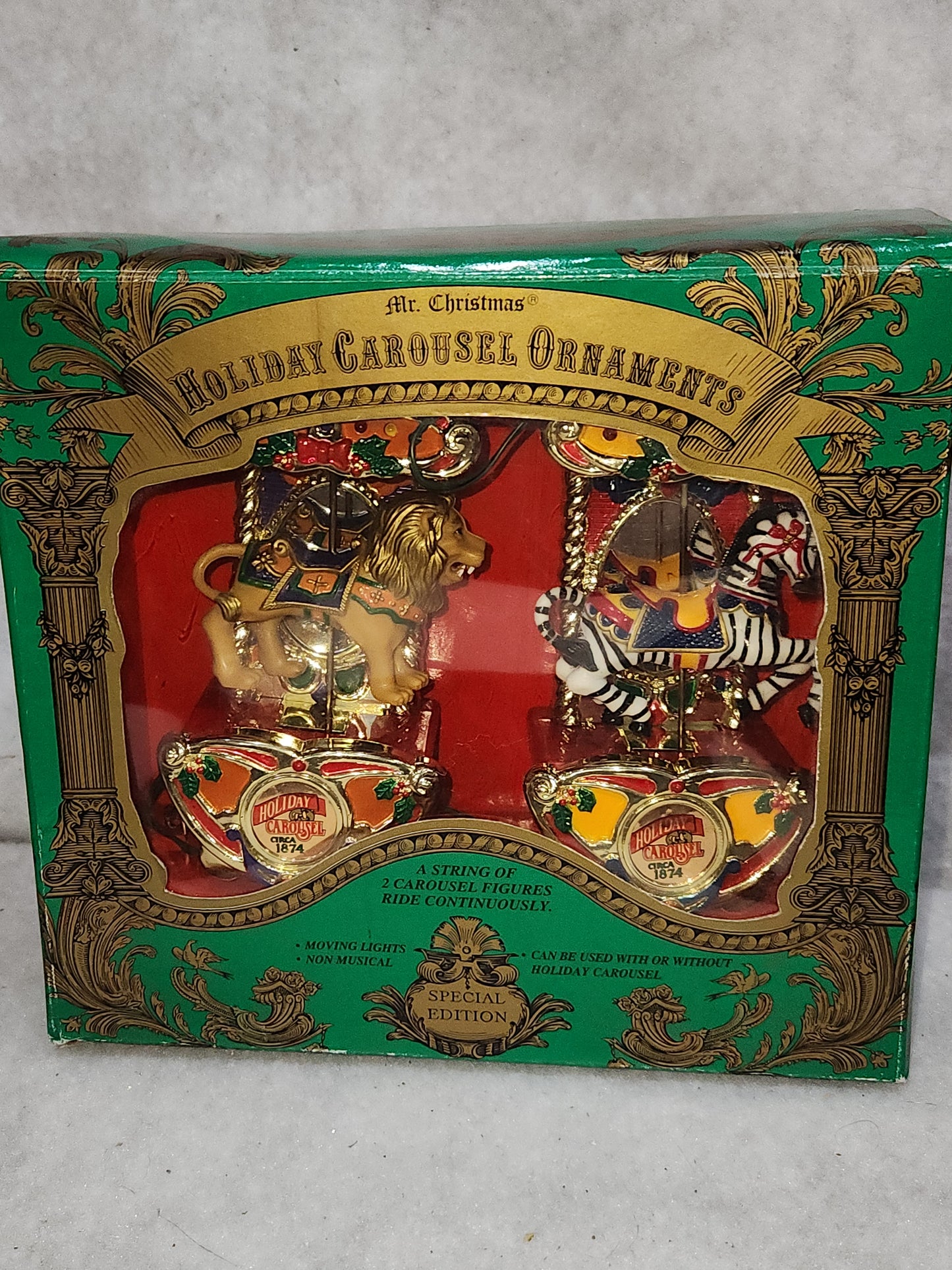 Vintage Mr Christmas Holiday Carousel Ornaments Circa 1874 Circus Animals Lion Zebra car50