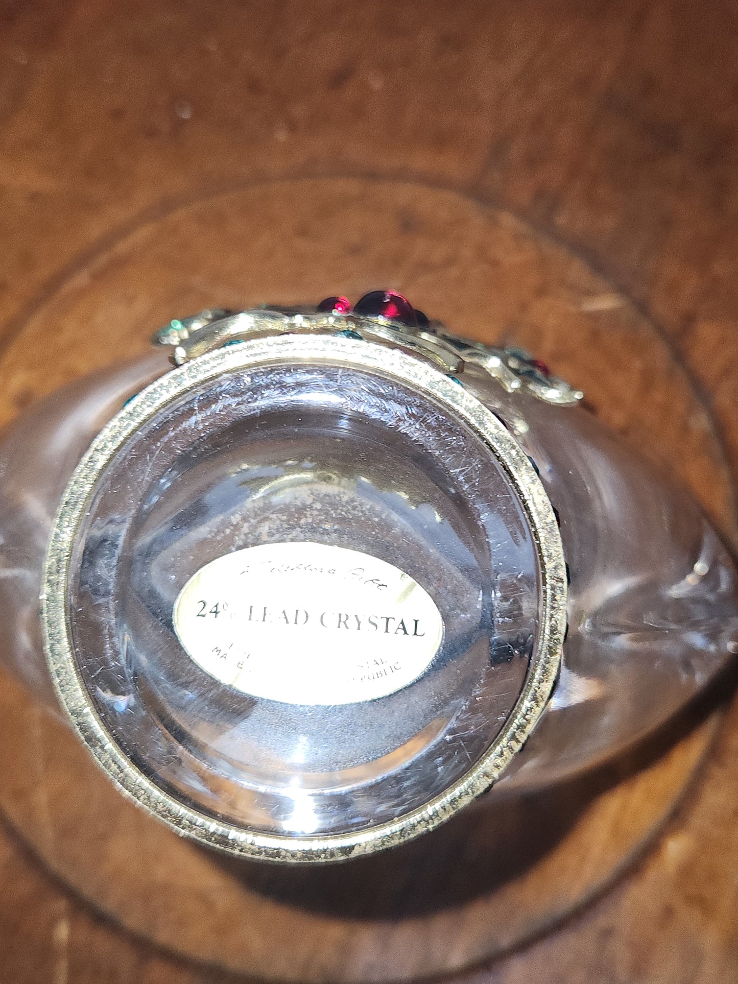 Fine Bohemian 24% Lead Crystal Vase with jeweled holly leaf and berries Czech Republic va3