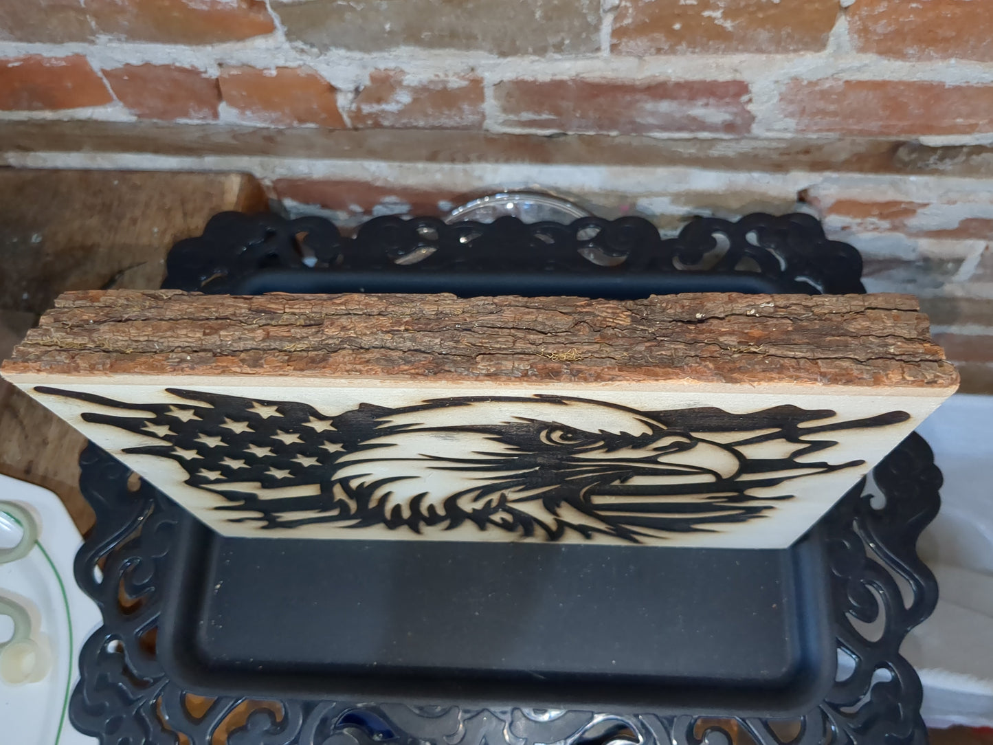 Live edge slab wood flag with eagle laser engraved ew53