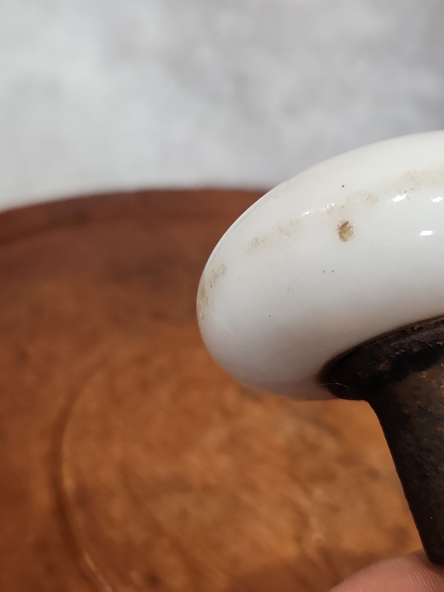 Antique UNMATCHING Porcelain Brown Marble or Swirl Door Knobs attached to a stem kn20