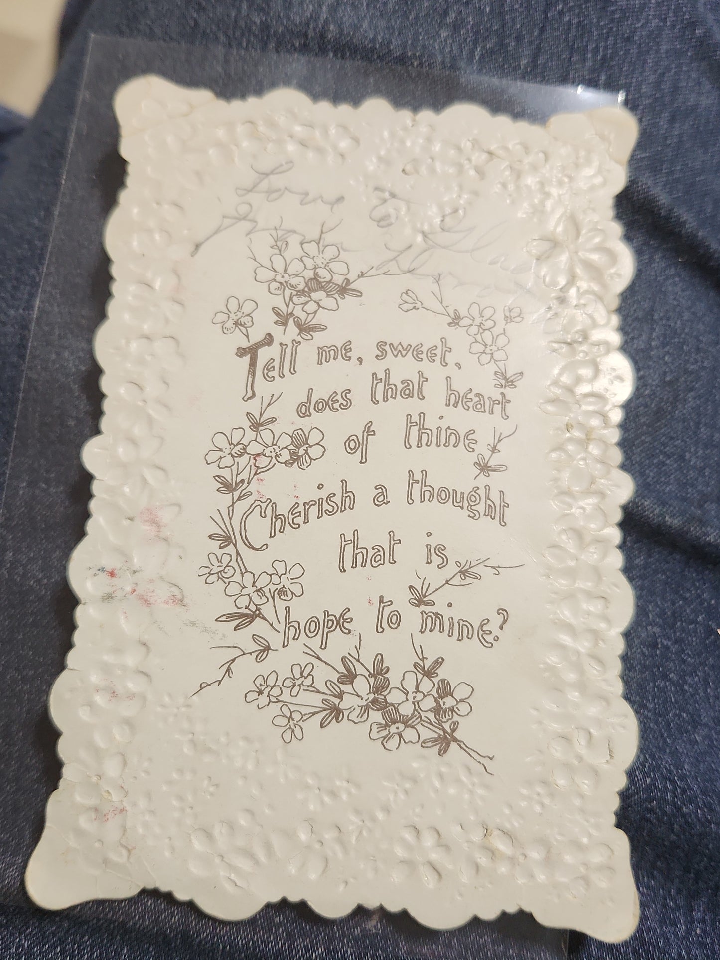 Antique Valentines Postcard Embossed Beloved Victorian couple Embossed flowers poem