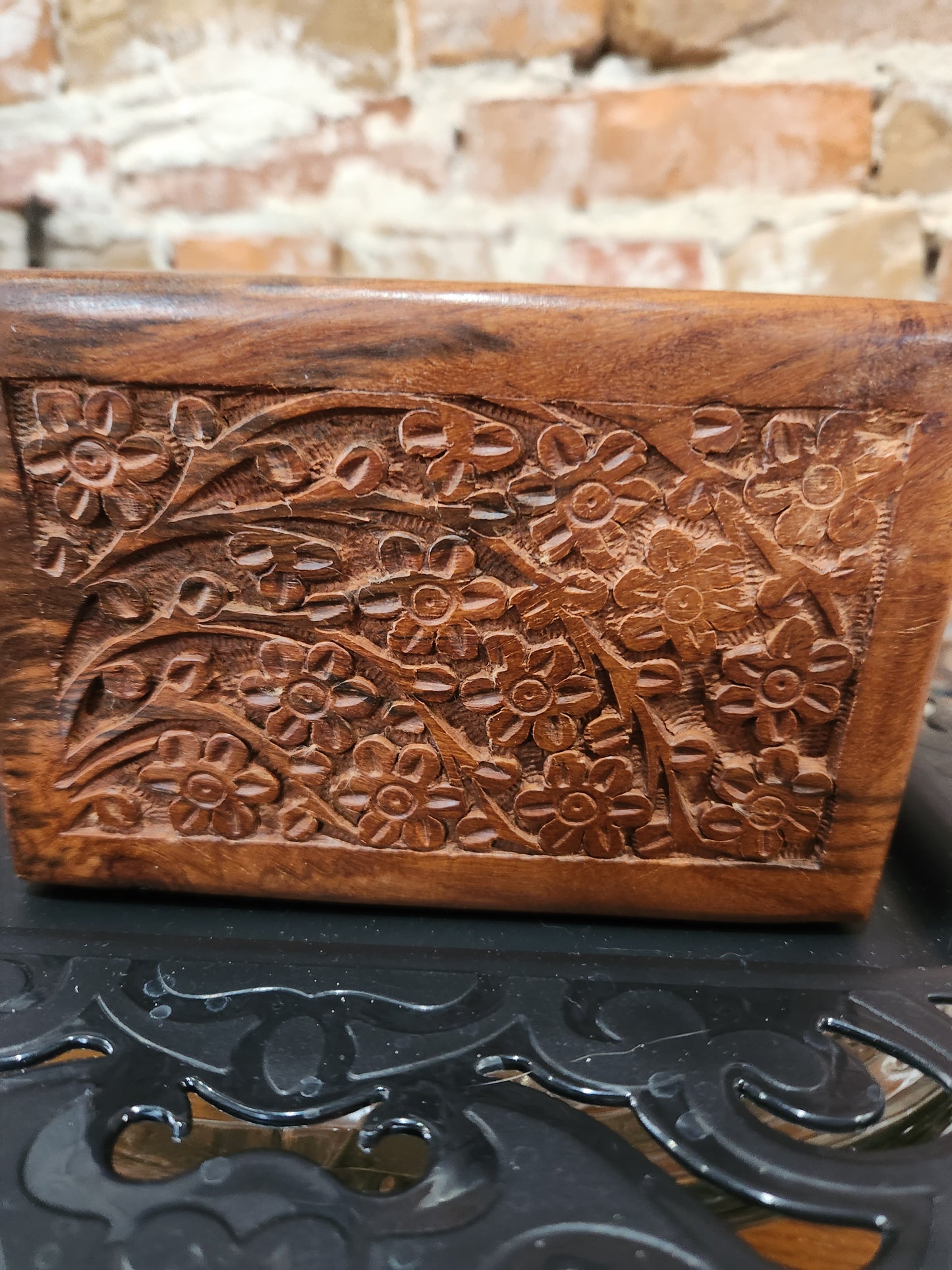Vintage Hand Craved Wooden Box Lid Opening on Bottom Floral Design box45