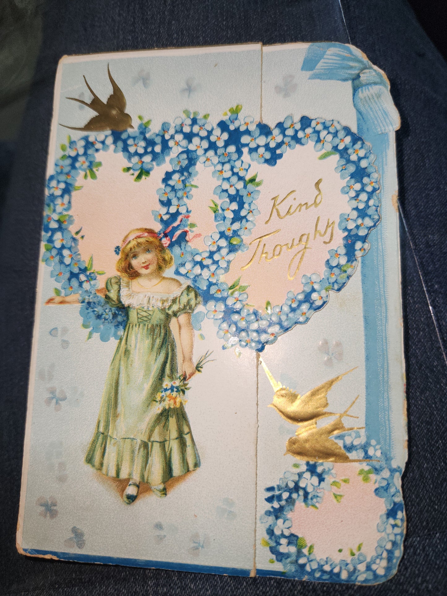 Antique Tuck & Sons Valentines Day Greeting Card Girl, gold birds, blue flowers, Kind Thoughts