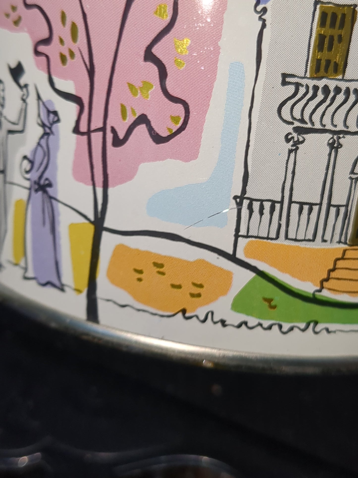 1958 vintage Tin Mrs. Leland's Old Fashioned Golden Butter Bits Horse and Carriage house girl & hoop tin347