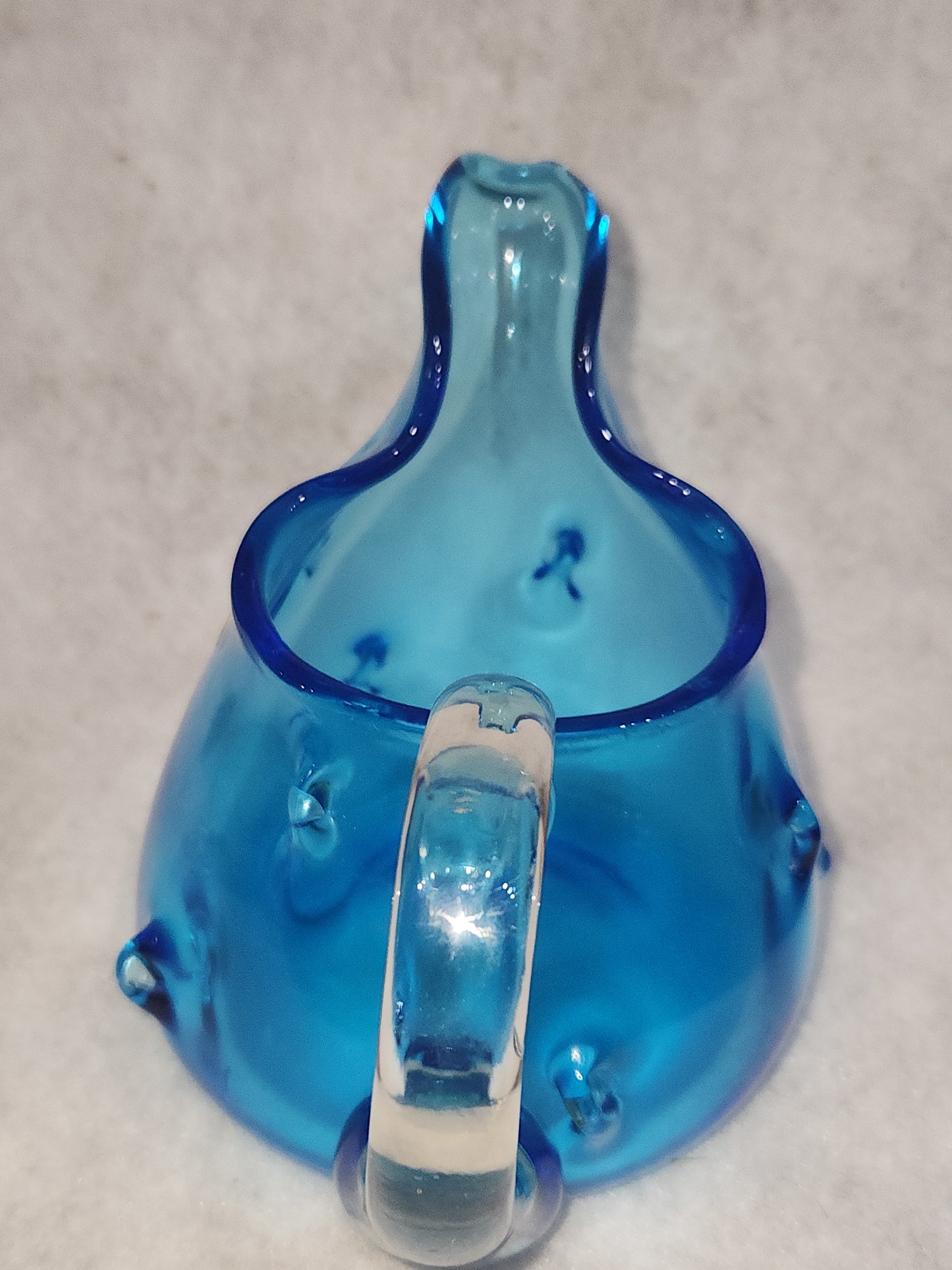 Vintage Bischoff hand blown Art Glass pinches Teal Blue Pitcher Clear handle gla999