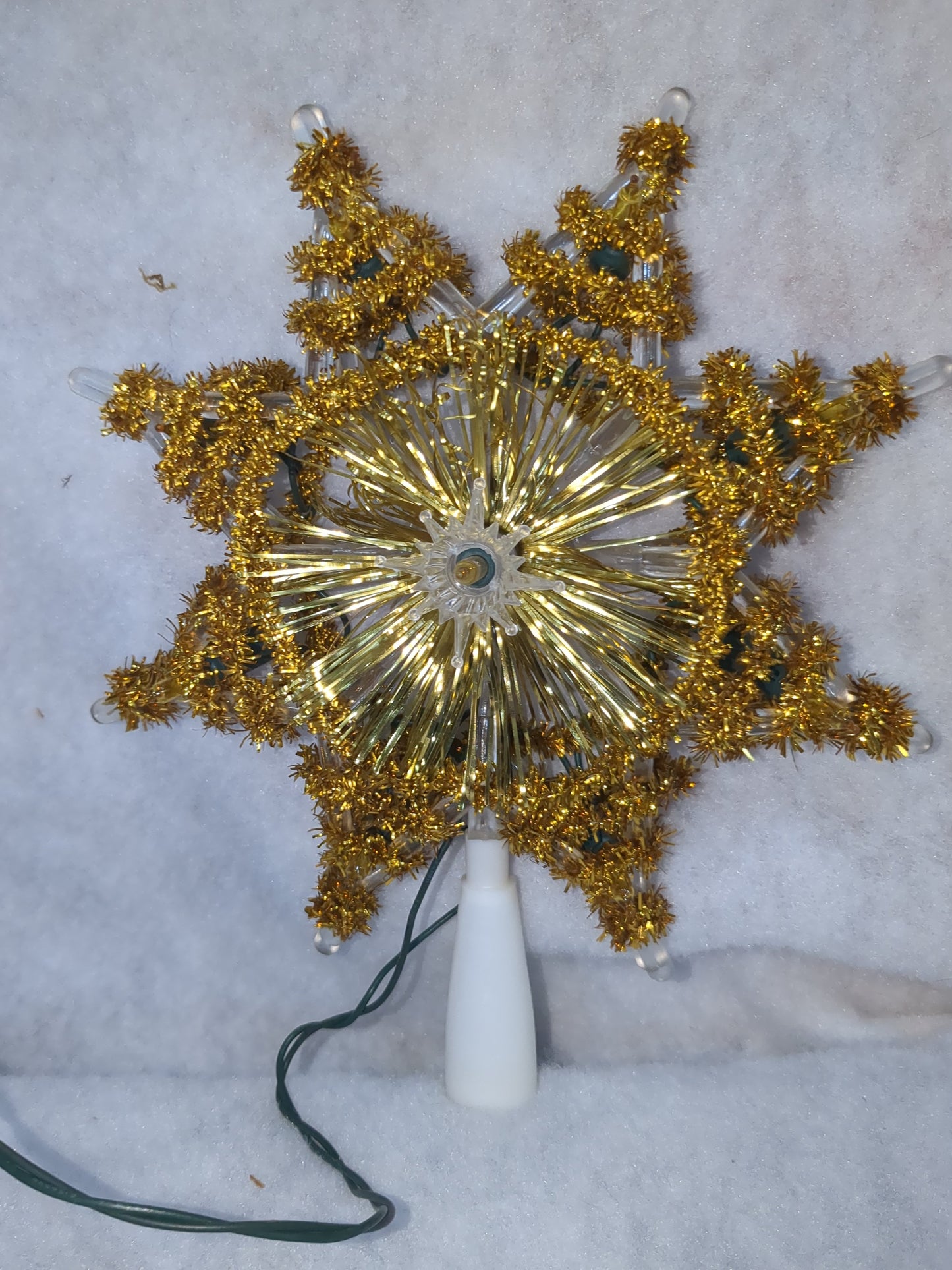 111 Vintage Christmas Tree Topper Santa Trim 10 Lights Tree Top Box gold tinsel tt564