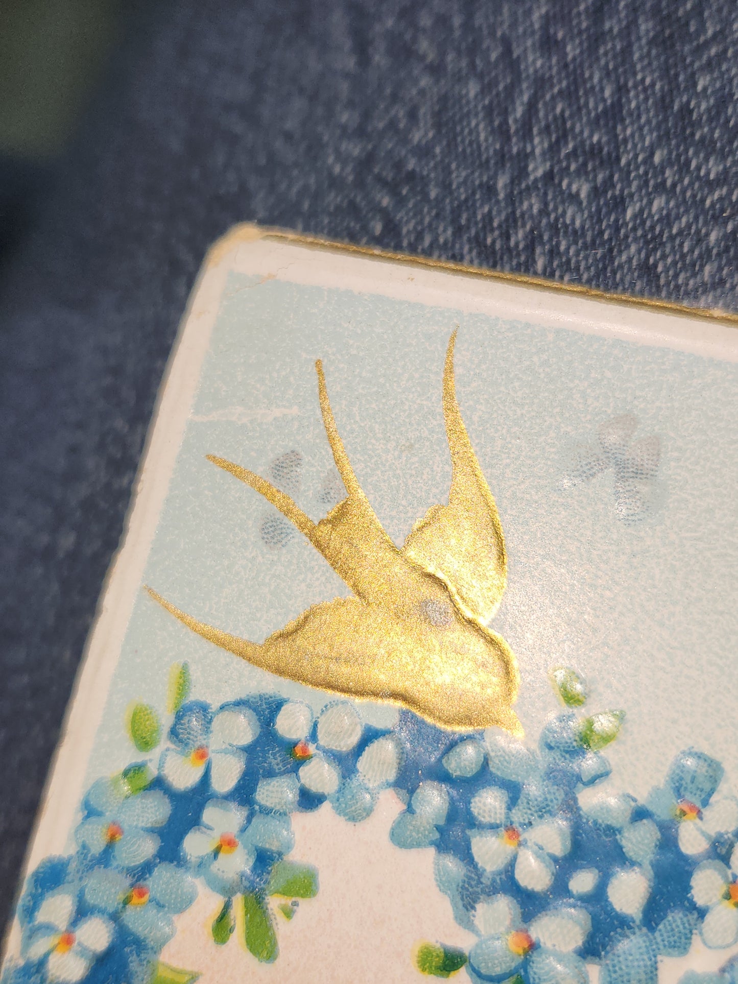 Antique Tuck & Sons Valentines Day Greeting Card Girl, gold birds, blue flowers, Kind Thoughts