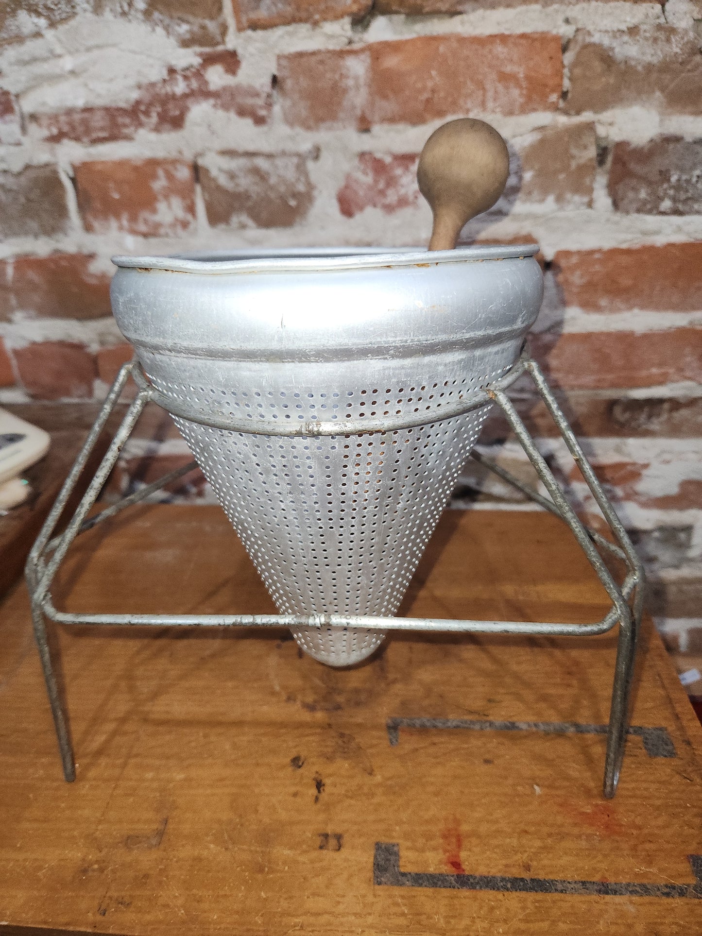 Vintage Cone Sieve Colander Strainer with Stand with Wood Pestle ki334