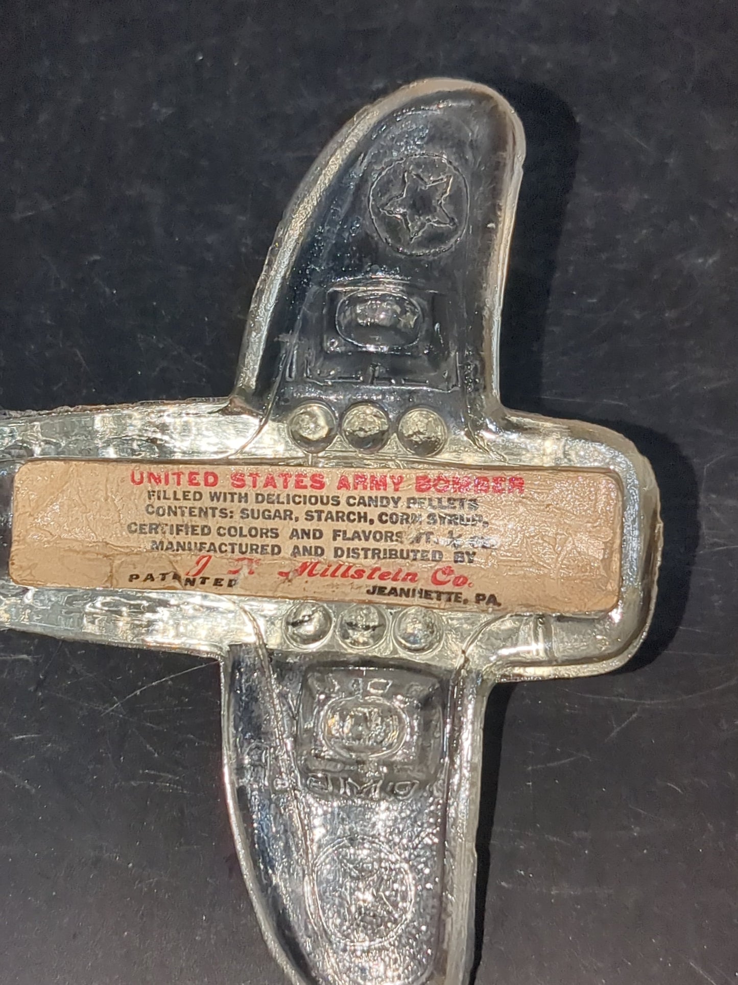 Vintage 1940s Jeanette Glass WWII  US Army Bomber glass candy container with original label Figural glass airplane candy gl123