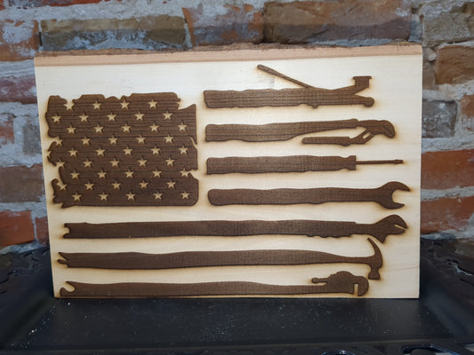 Live edge slab balsa wood mechanics flag laser engraved ew55
