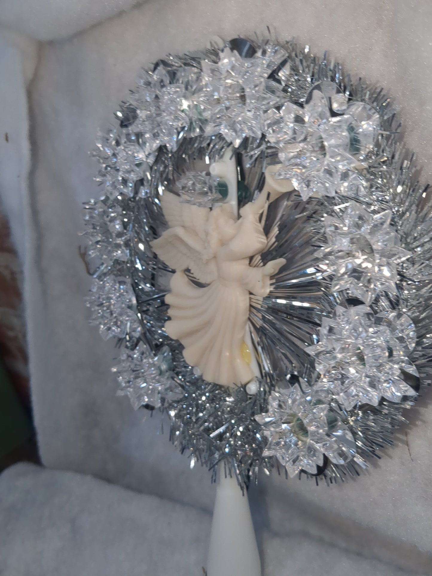 111 Vintage Merry Brite 11- Light Tree Topper Silver tinsel White Angel works tt236