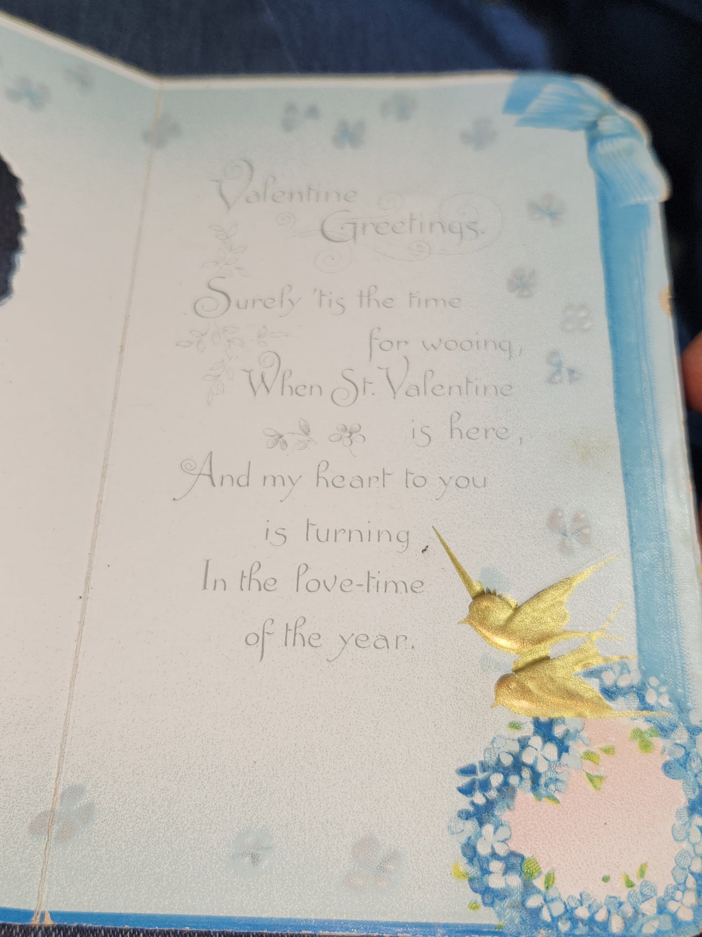 Antique Tuck & Sons Valentines Day Greeting Card Girl, gold birds, blue flowers, Kind Thoughts