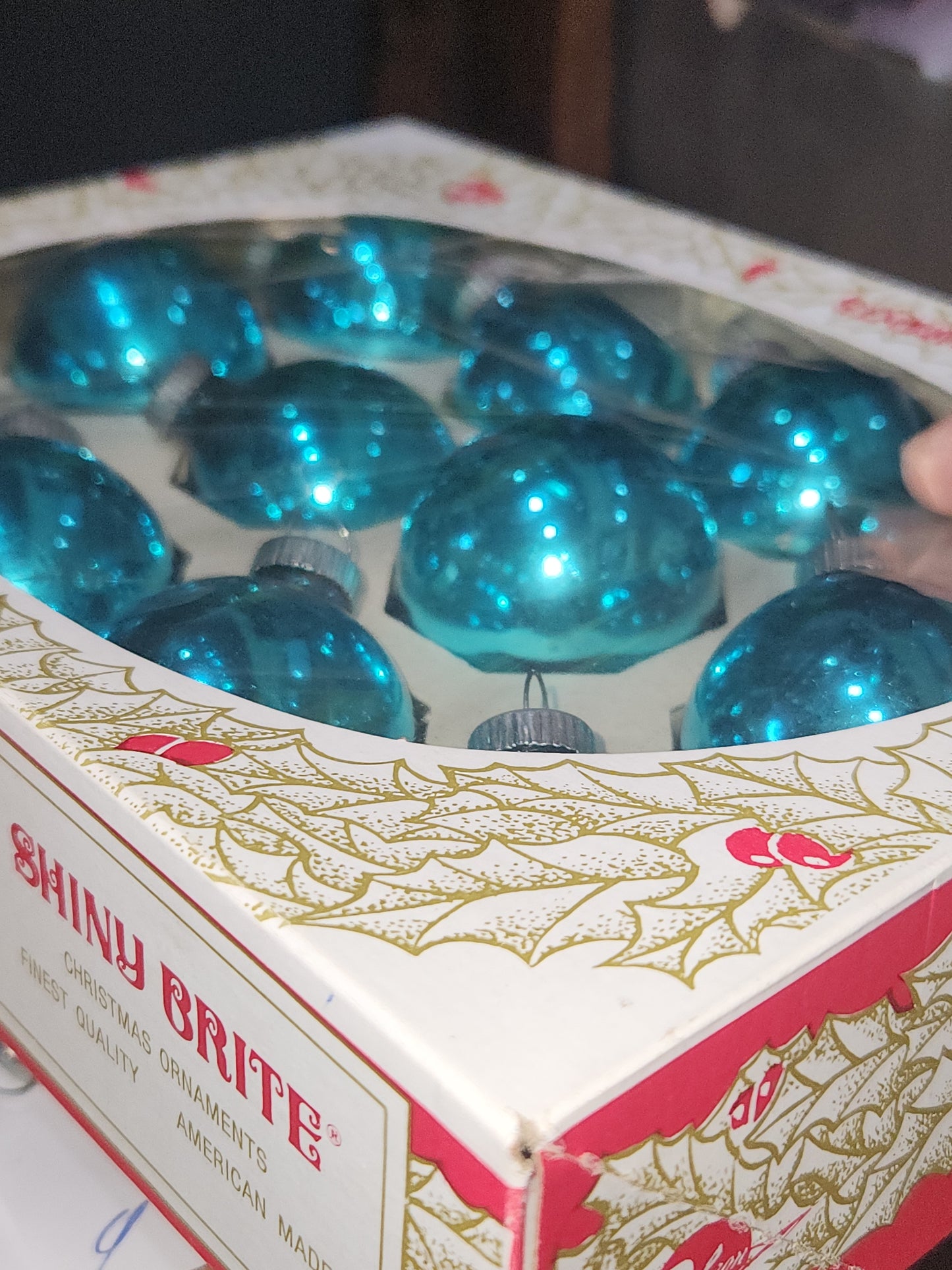 Box of vintage Shiny Brite turquoise blue ornament 1 1/2" Bo14