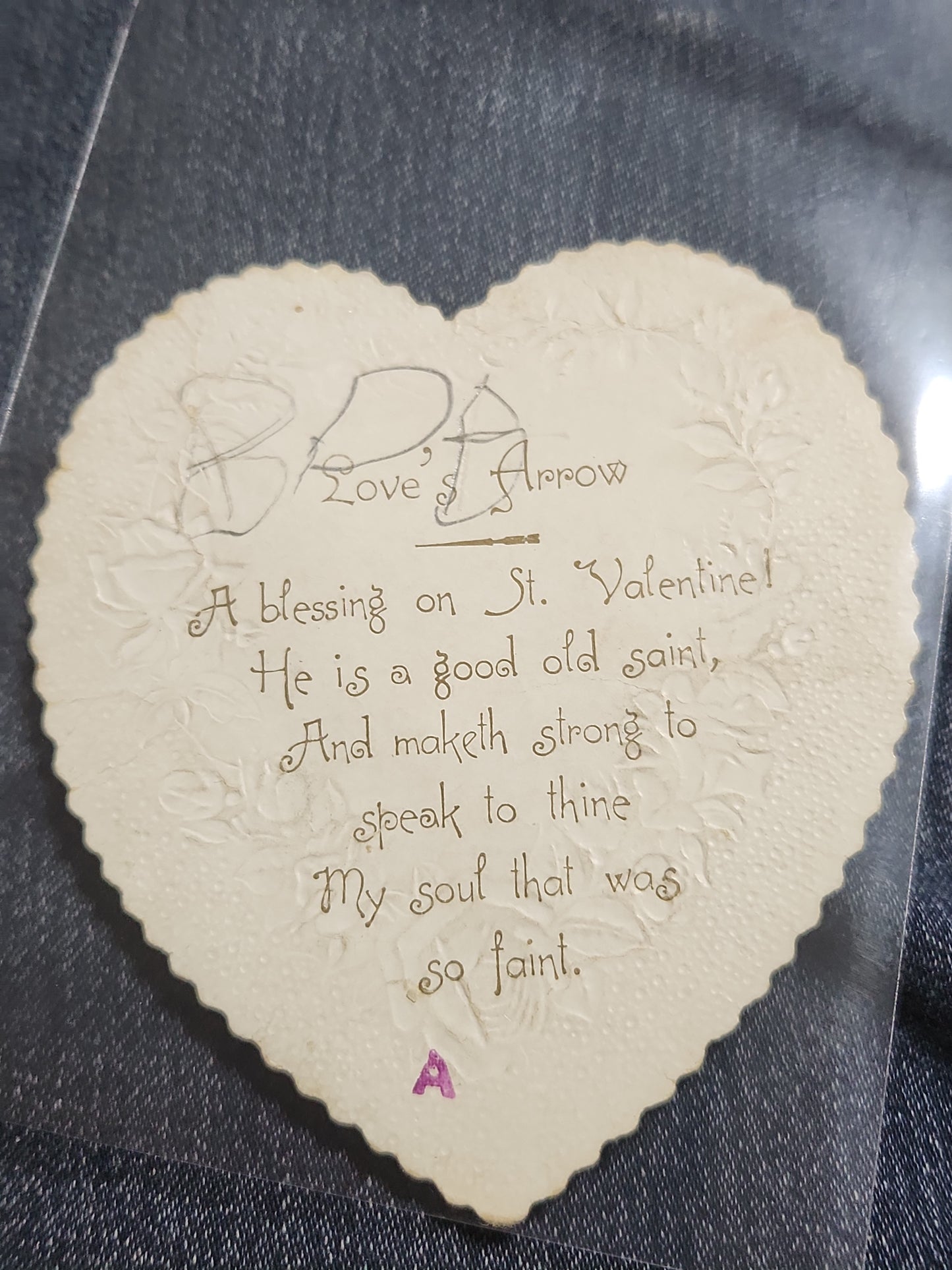 Antique Valentine Card Die-Cut Embossed Heart with Birds and Roses