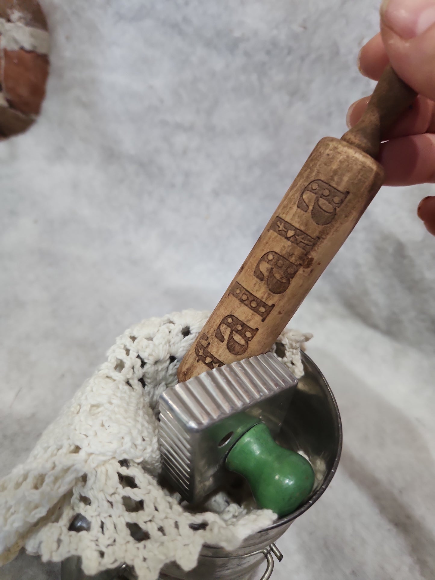 Flour sifter, rolling pin, doily, cookie cutter assemblage asb21
