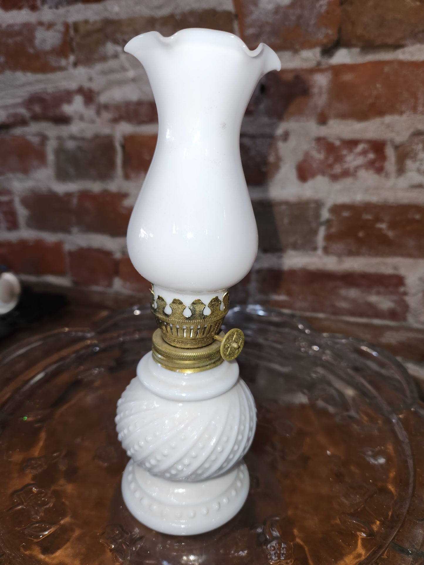 Vintage Enesco Miniature Round Hobnail Milk Glass Oil Lamp 8” lamp4
