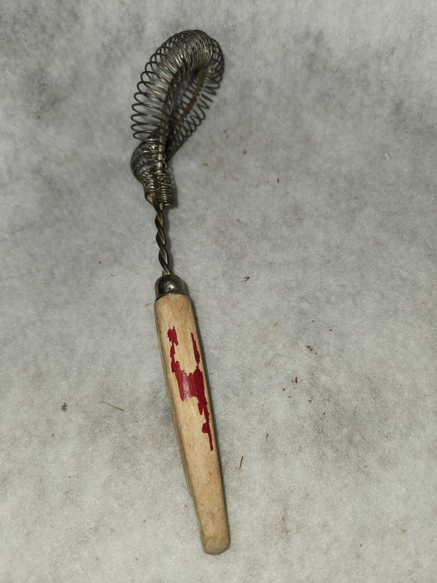 Vintage utensil twisted coiled whisk stainless steel worn red wooden handle kit558