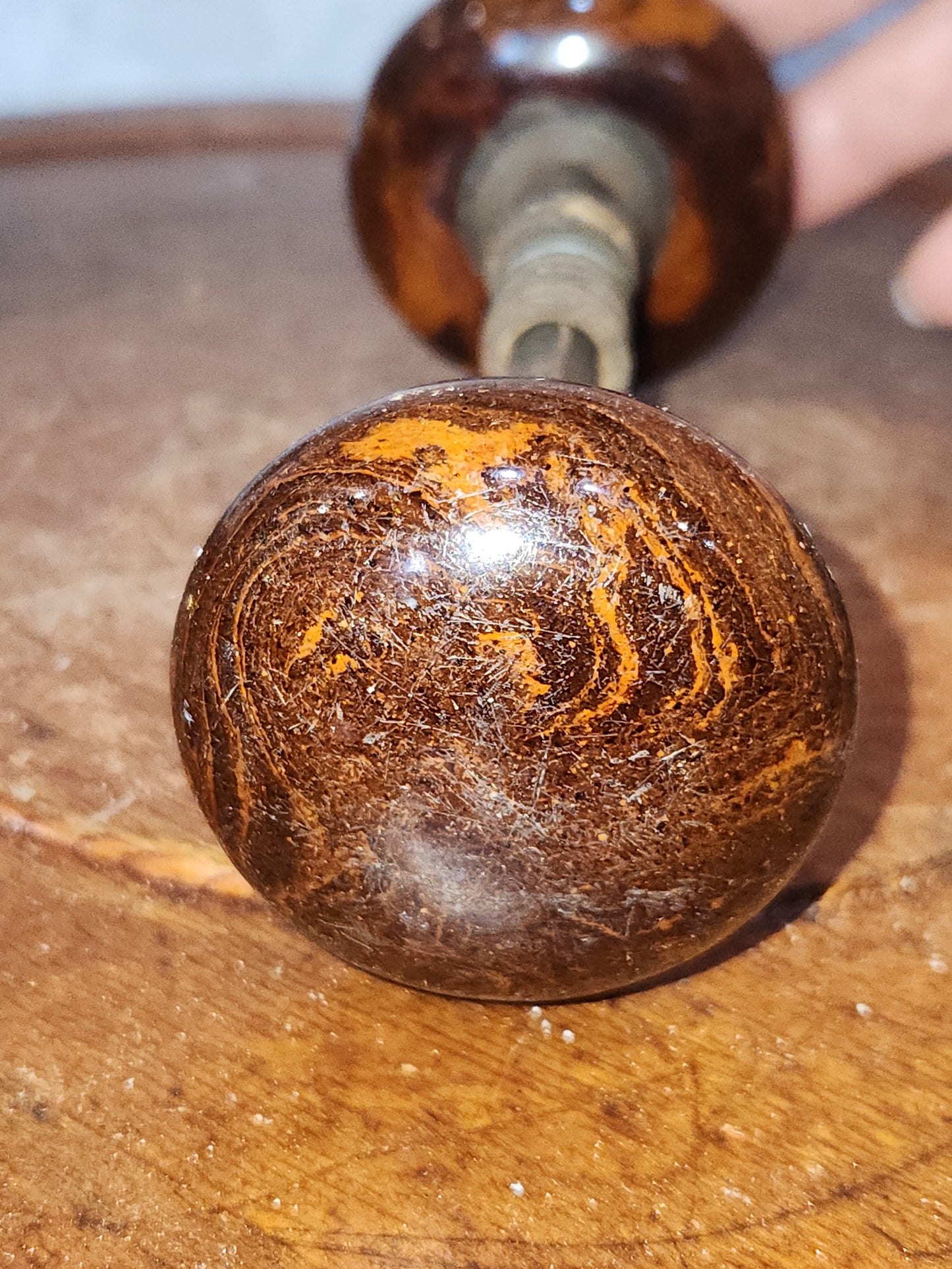Antique Porcelain Brown Marble or Swirl Door Knobs attached to a stem kn17