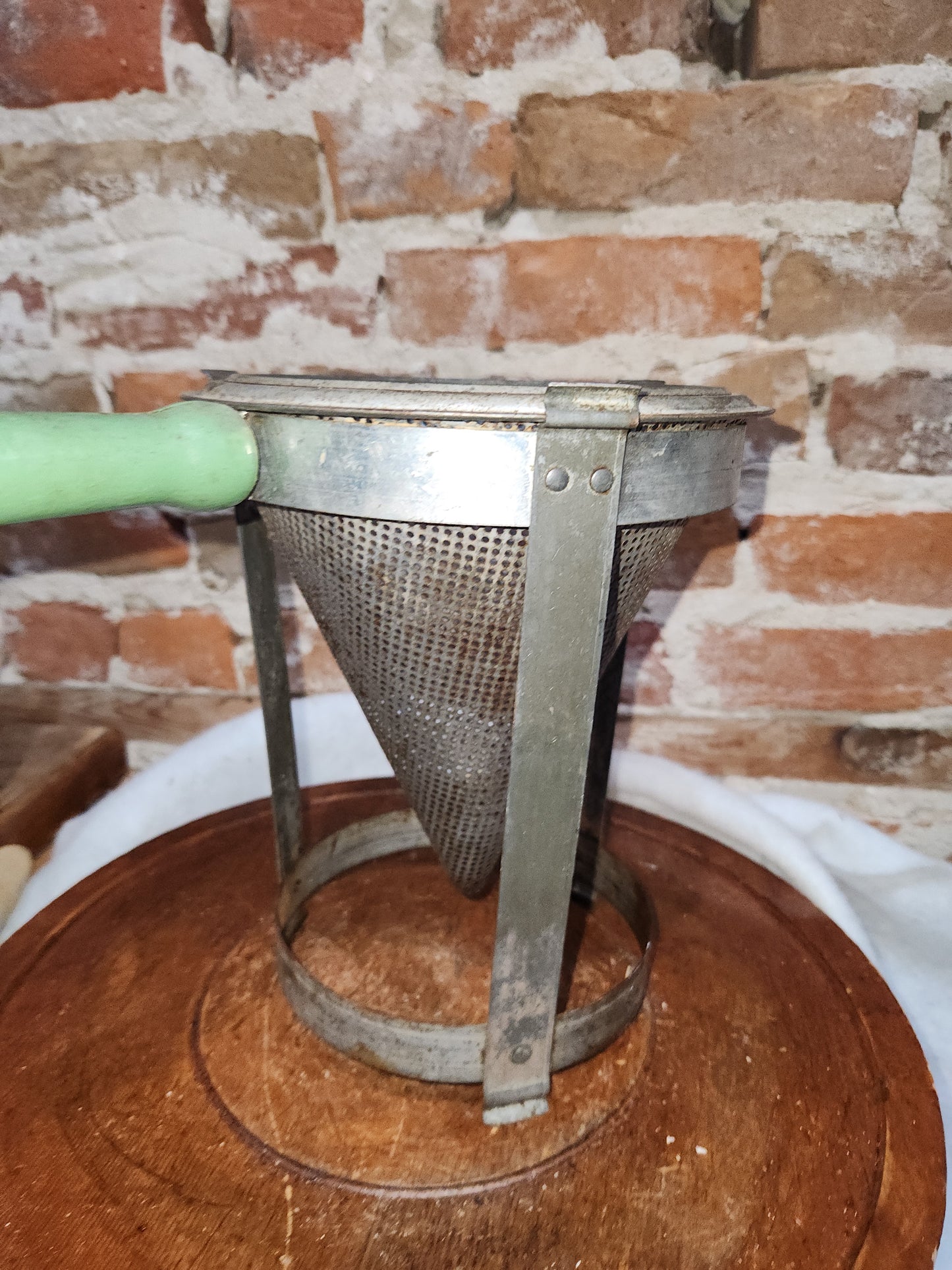 Vintage Cone Sieve Colander in stand Green Handle Patina kit719