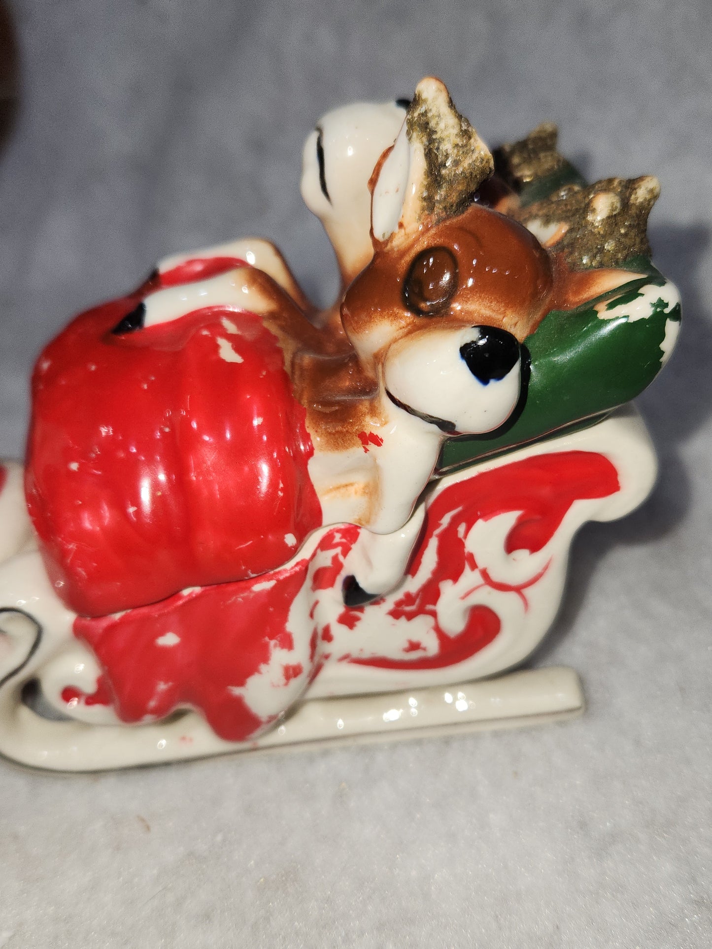 Vintage Kreiss Santa Pulling His Sleigh While his Reindeer are Snoozing inside Sleigh planter candy dish