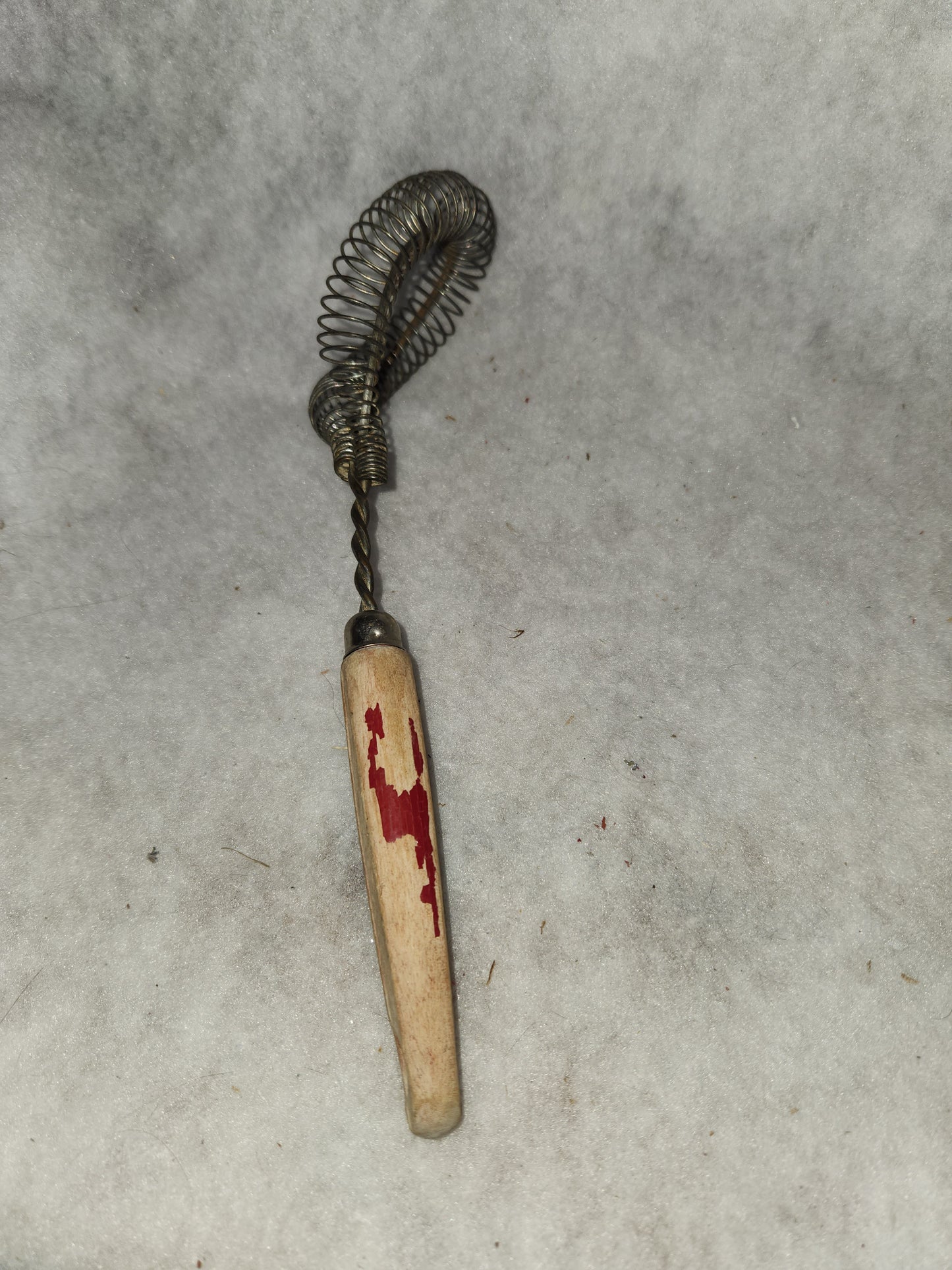Vintage utensil twisted coiled whisk stainless steel worn red wooden handle kit558