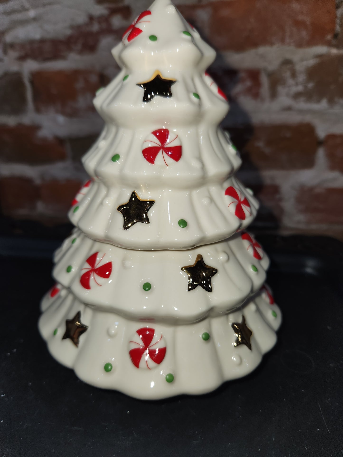 New in Box Lenox Holiday Tree Treat Jar Peppermint And Stars 7" len58