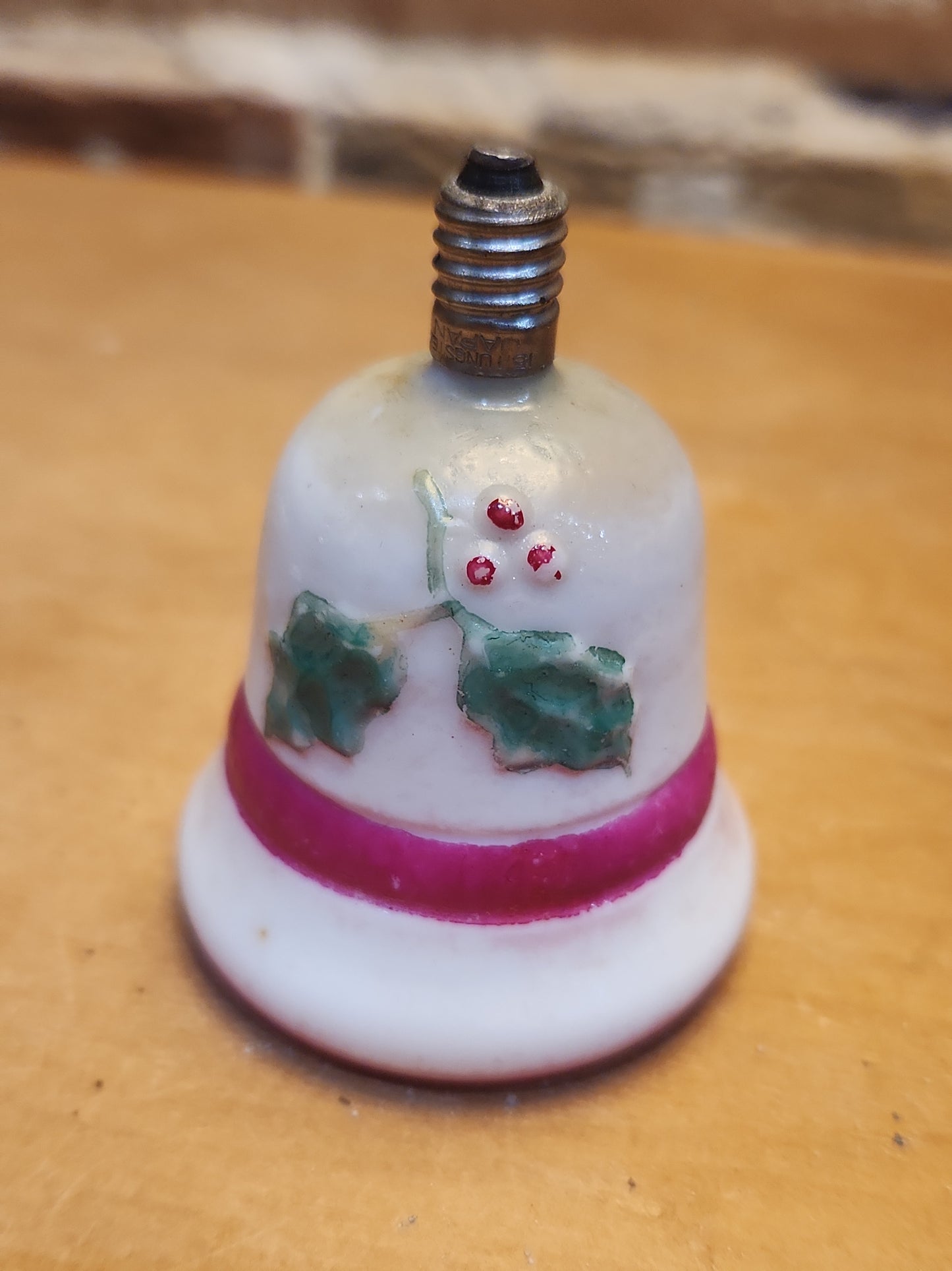 Vintage Bell Light Bulb Christmas Tree Ornament Holly Red Berries Pink Stripe LO1
