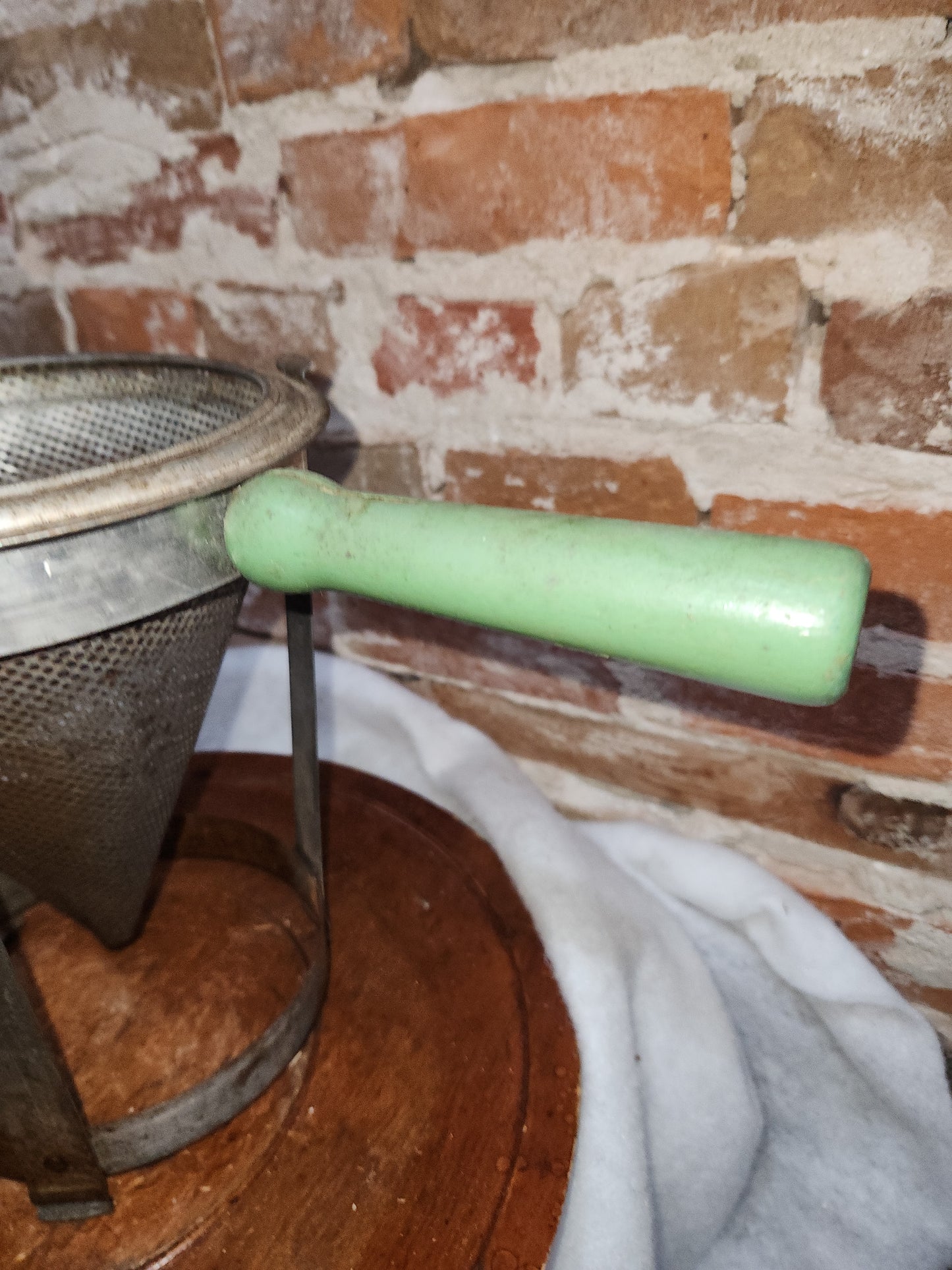 Vintage Cone Sieve Colander in stand Green Handle Patina kit719