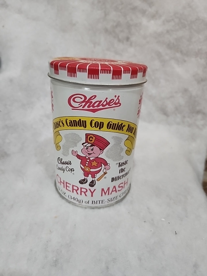 Vintage 1995 EMPTY tin Chase’s Cherry Mash 12 OZ.  Chase’s Candy Cop tin551