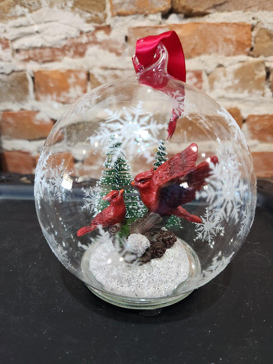 Large 5" Glass Ornament with cardinals and led light designed by Mark Feldstein len67