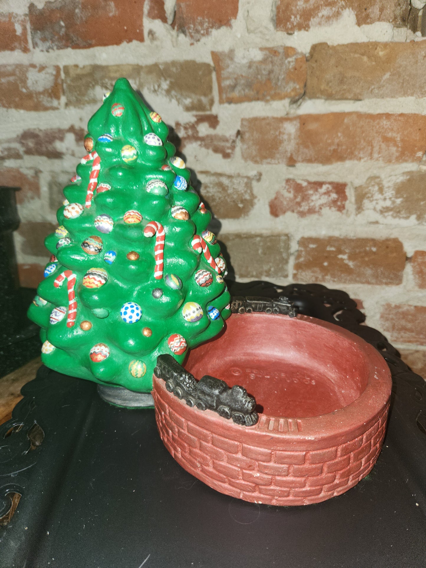 Vintage Christmas Tree Bowl 1977 Continental Studios handpainted Holiday Dish, tree and train. Ct3
