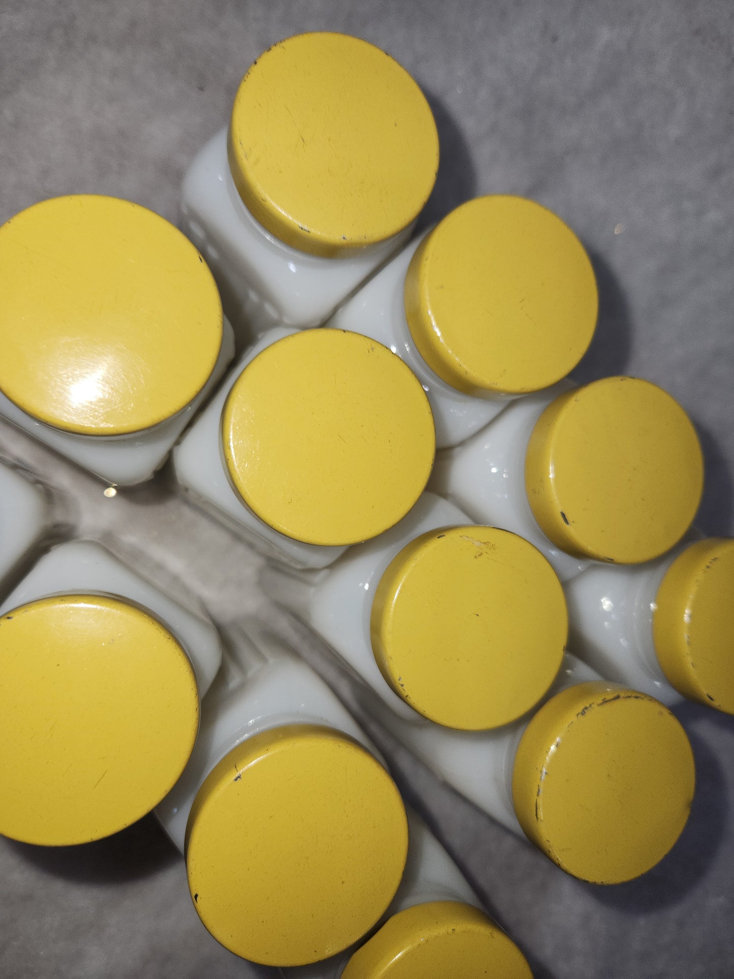 Vintage Milk Glass Spice jars Set Of 12 yellow lids mg78