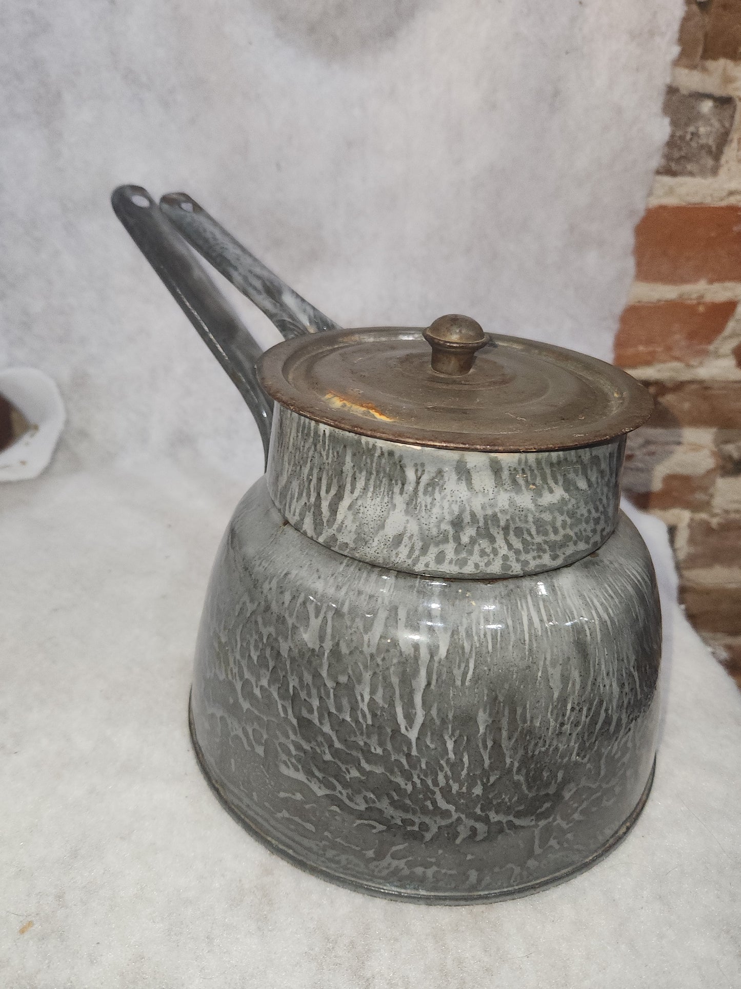 Vintage Primitive Graniteware Enamelware Double Boiler Pot Light Grey Dark Grey Speckled en88