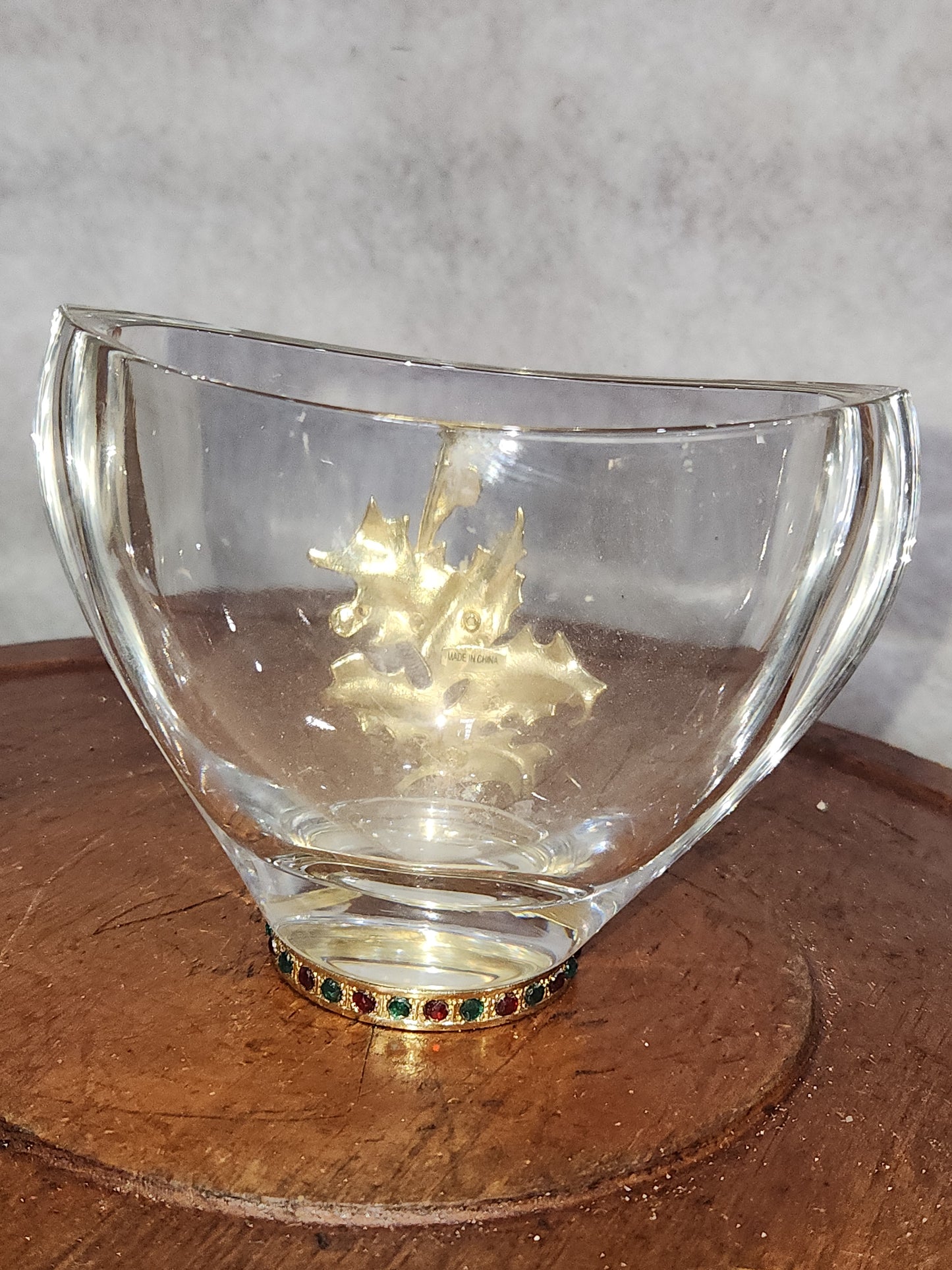 Fine Bohemian 24% Lead Crystal Vase with jeweled holly leaf and berries Czech Republic va3