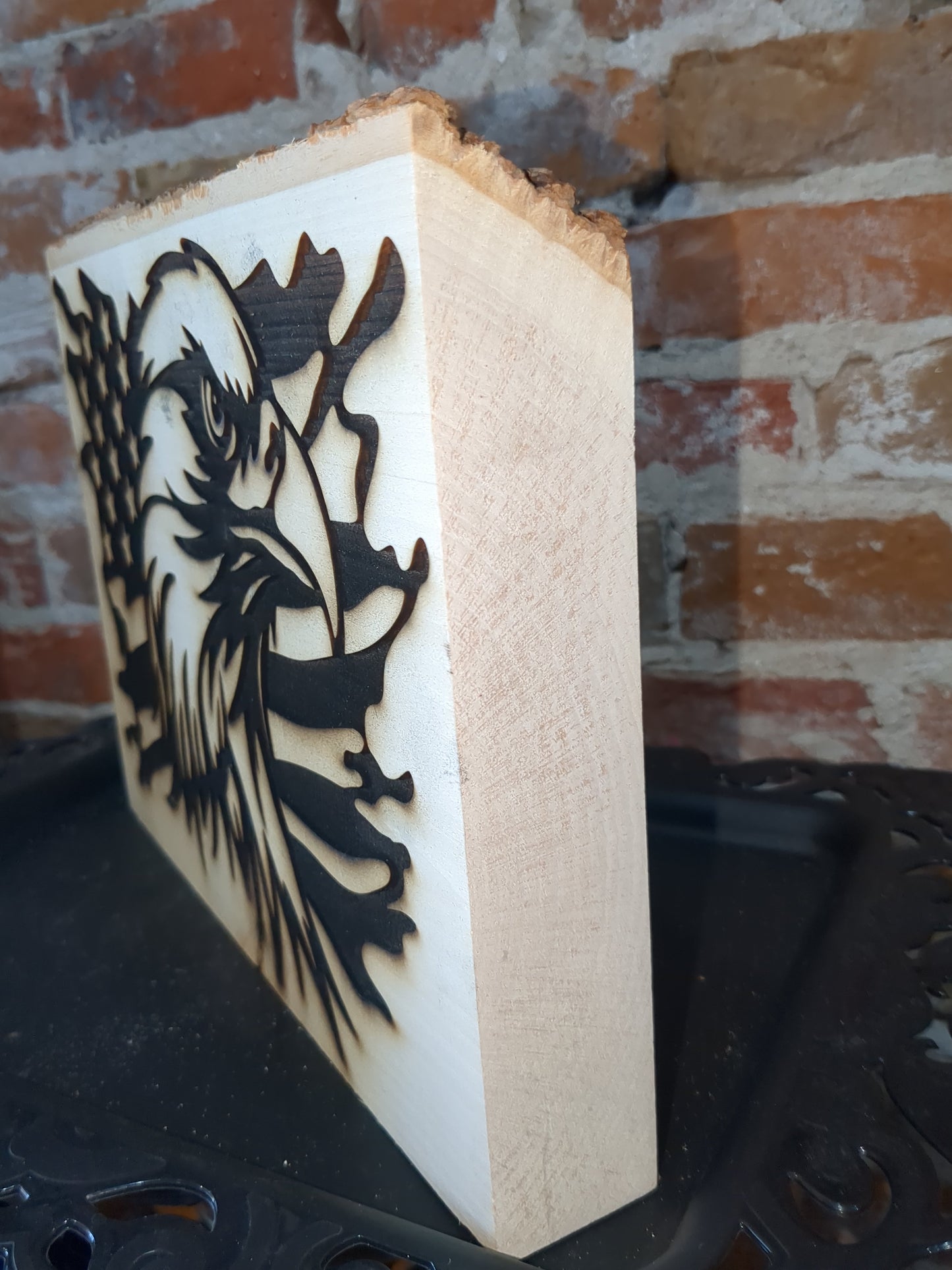 Live edge slab wood flag with eagle laser engraved ew53