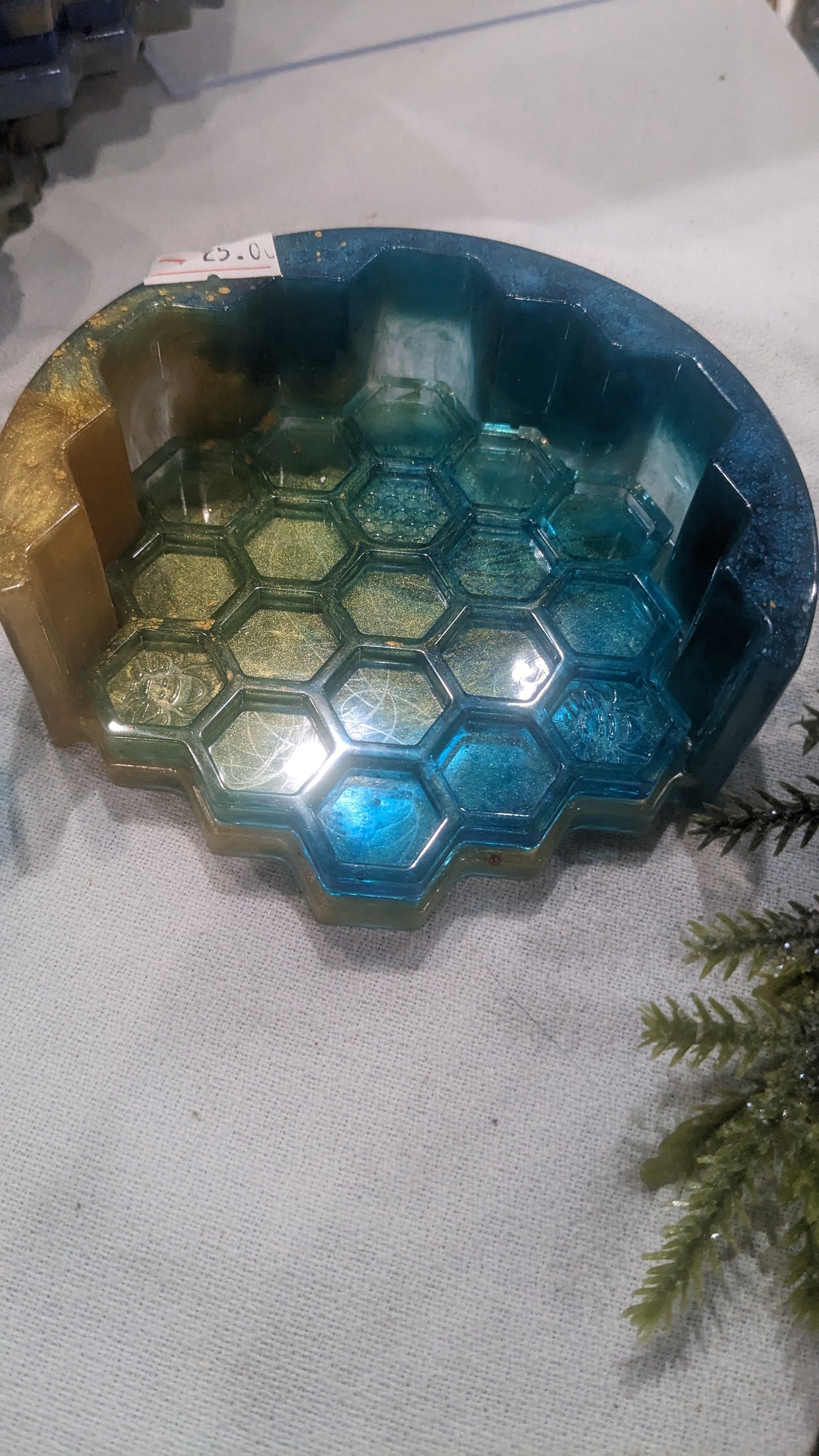 Coaster Set turquoise and gold honeycomb and Bee