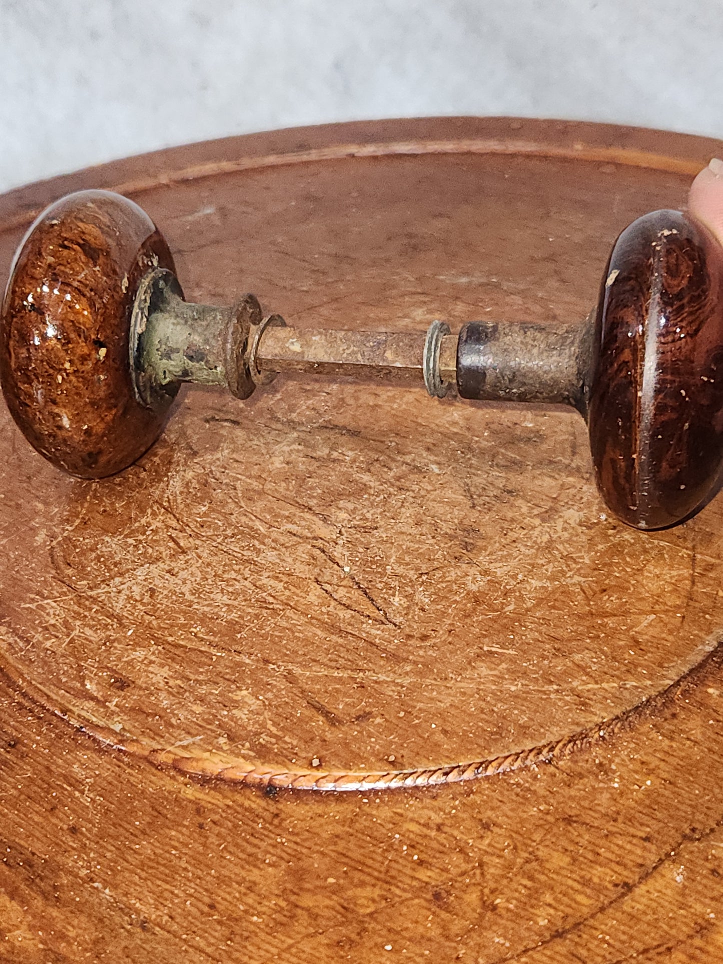 Antique Porcelain Brown Marble or Swirl Door Knobs attached to a stem kn18