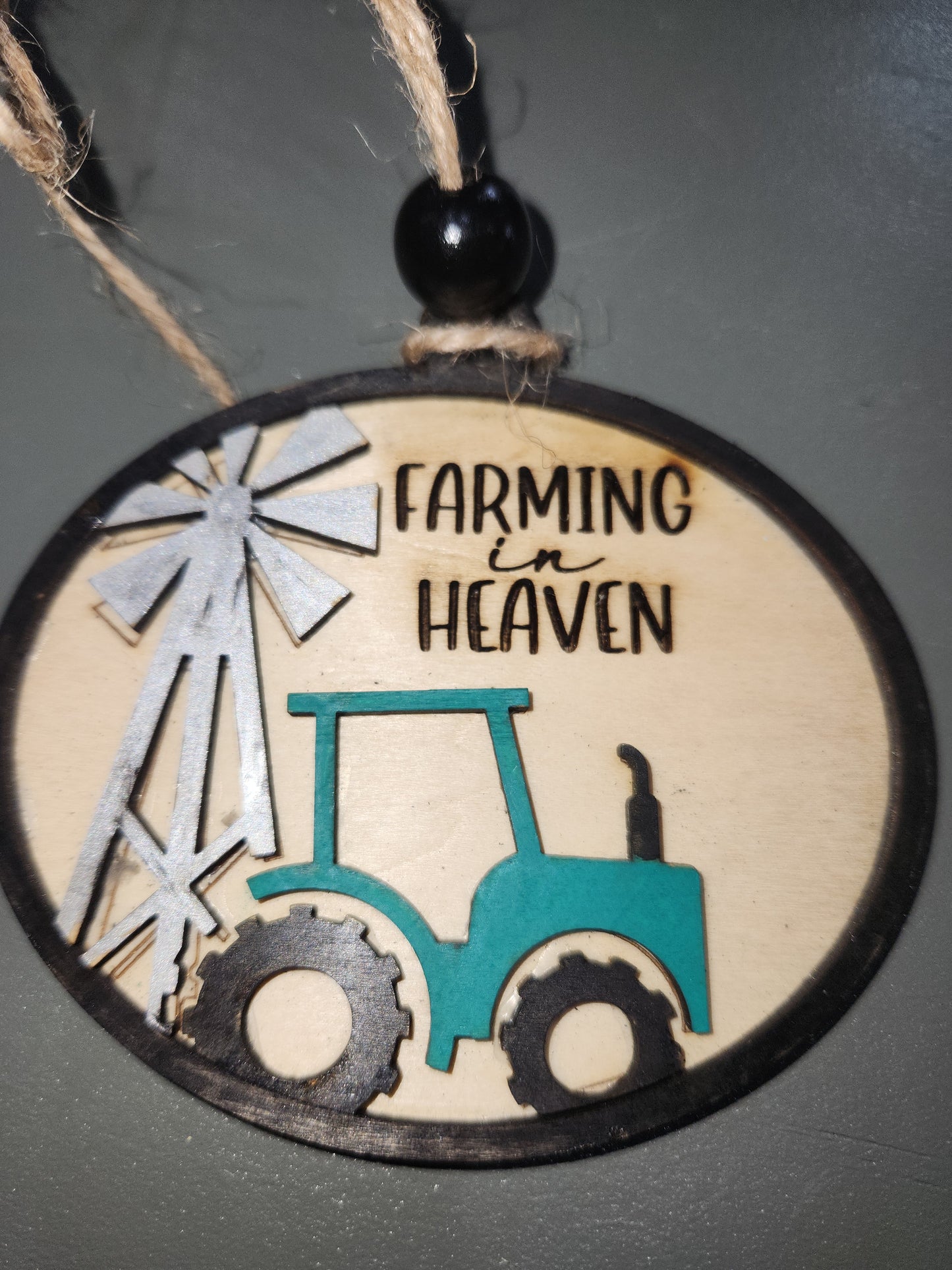 Ornament or car charm memorial memorial with green tractor and windmill