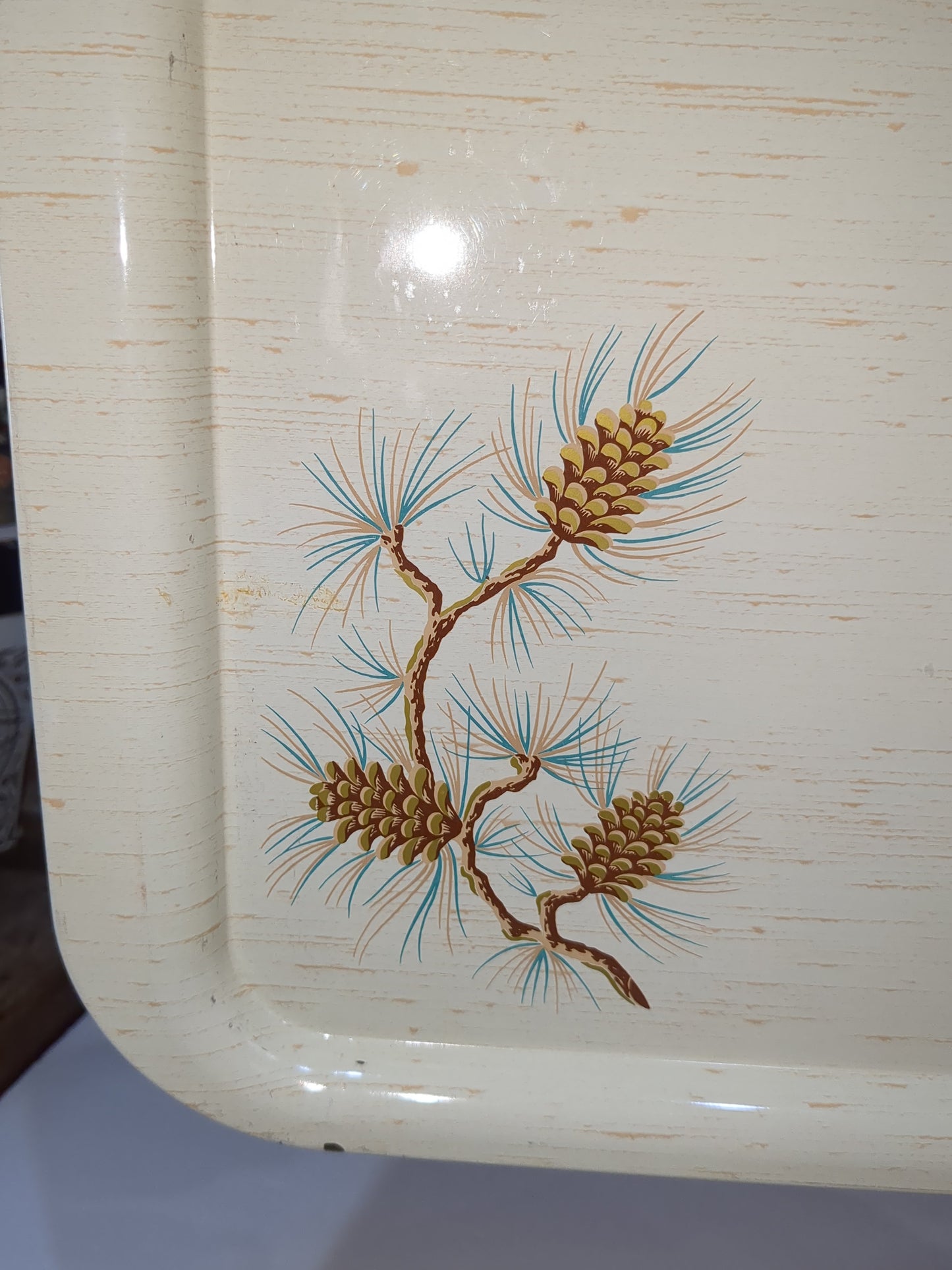 Vintage MCM Turquoise, brown, cream, buttery yellow Pine Cone Metal Serving Tray