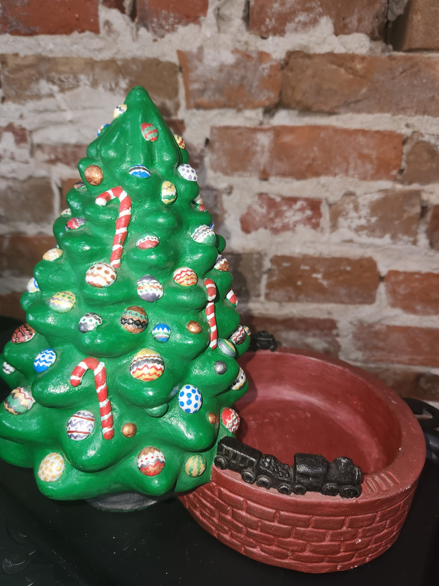 Vintage Christmas Tree Bowl 1977 Continental Studios handpainted Holiday Dish, tree and train. Ct3