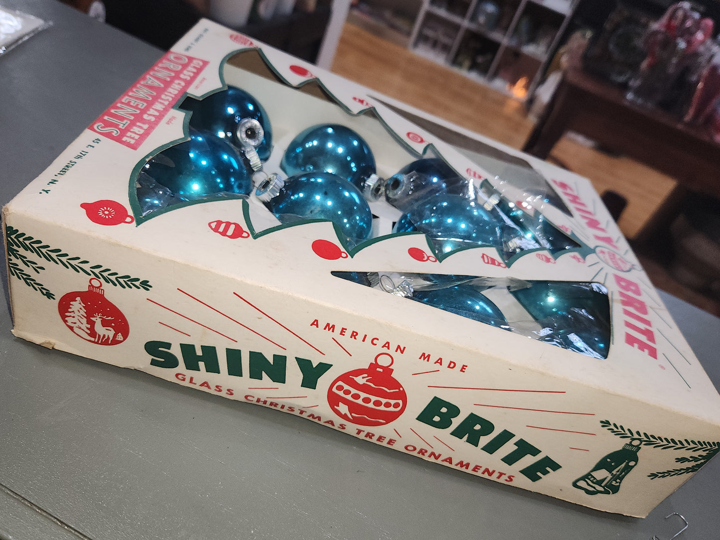 Box of Shiny Brite Brite turquoise ornament 2 1/2" bo68