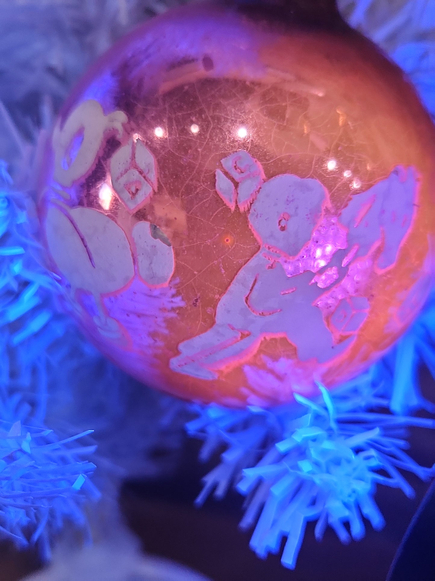 Vintage Shiny Brite Pink Christmas Ornament Stenciled Toy Bear Duck Toy Horse Clown Sailboat GLOWS vo26