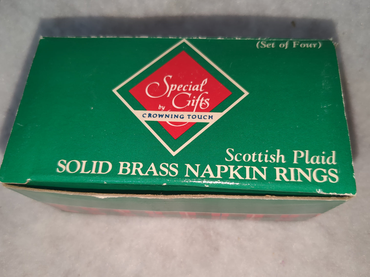 Vintage Scottish Plaid Set Of 4 Christmas Tree solid brass napkin rings br46