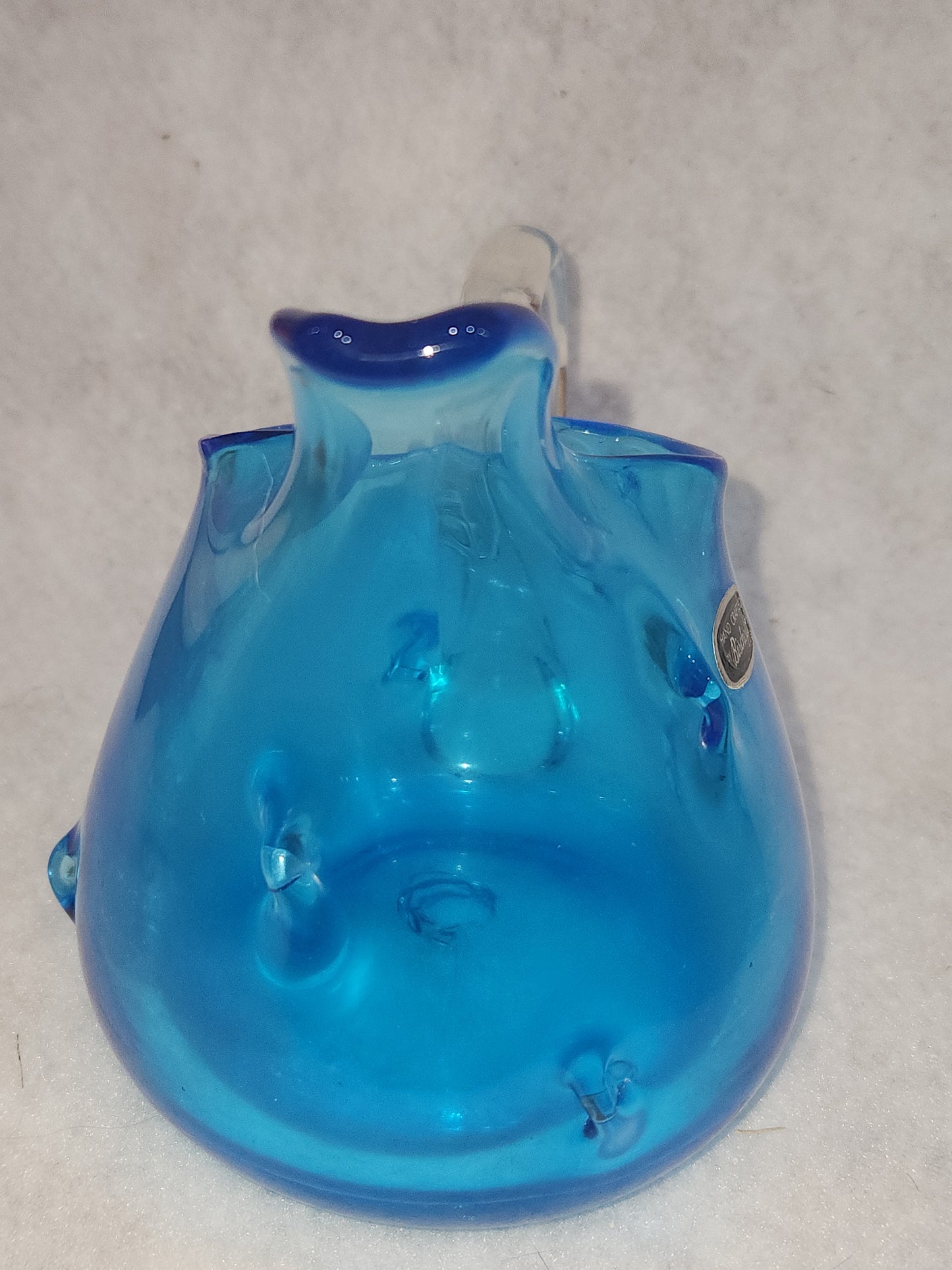 Vintage Bischoff hand blown Art Glass pinches Teal Blue Pitcher Clear handle gla999