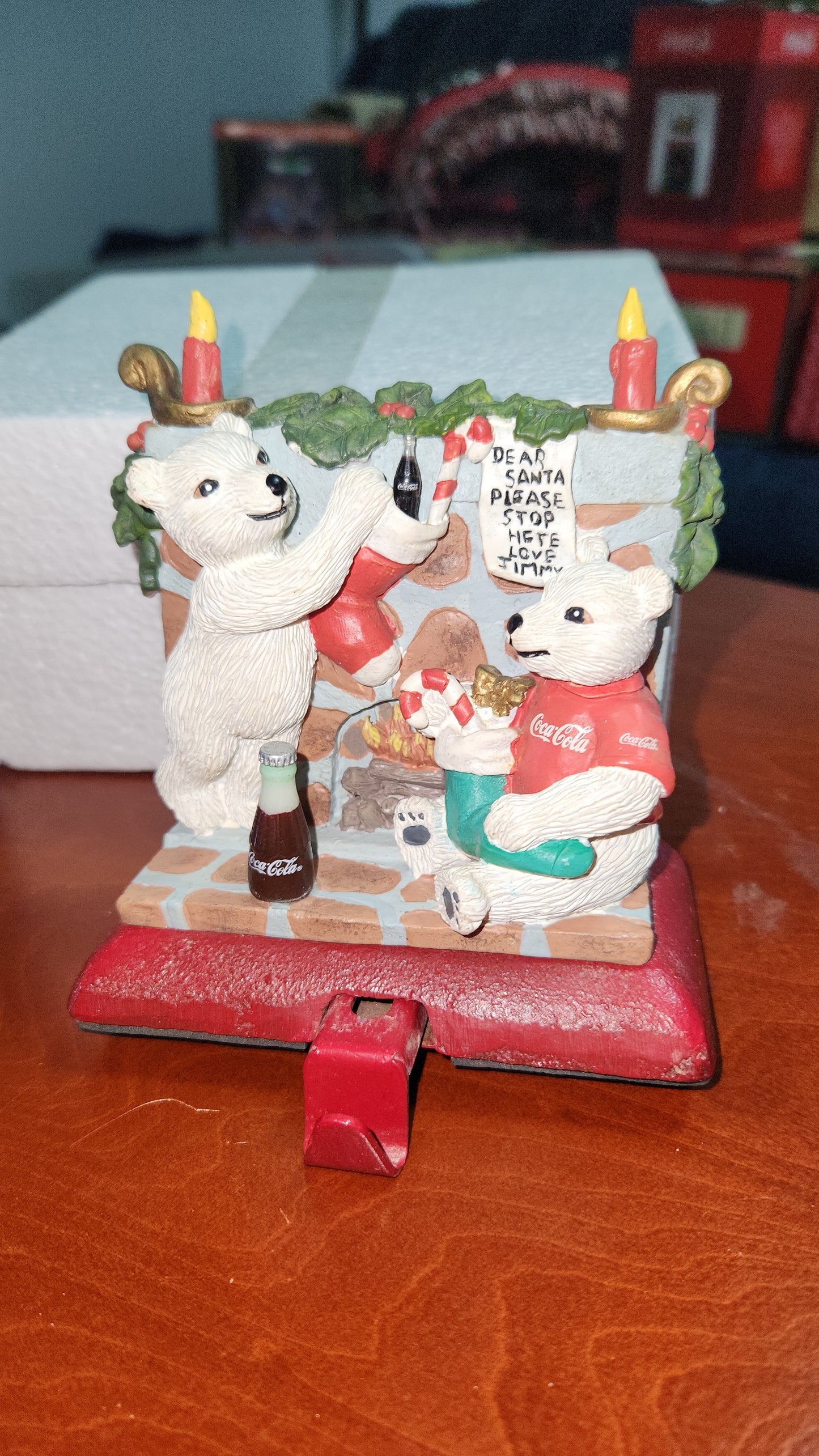 Vintage Coca-Cola Coke Cast Iron Stocking Holder - 1997 Bears at Fireplace cc262