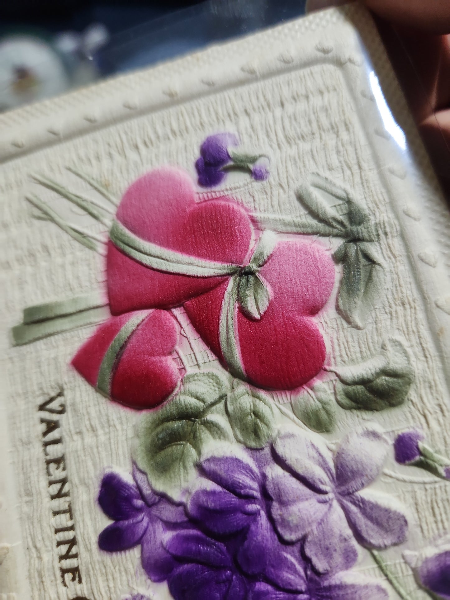 Antique Valentine post card Valentine Greeting Embossed Hearts and Violets
