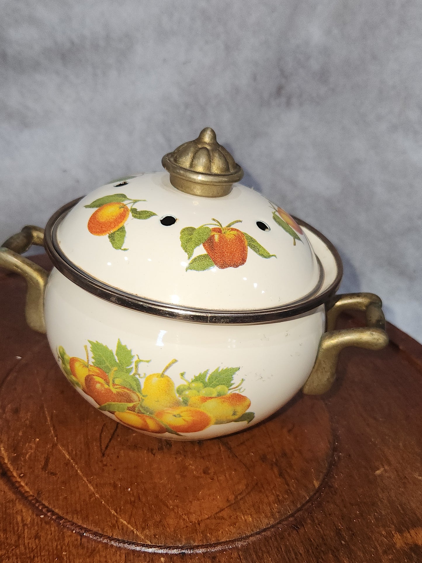Claire Burke Enamel Potpourri Pot Brass Handles Fruit Designs pop8