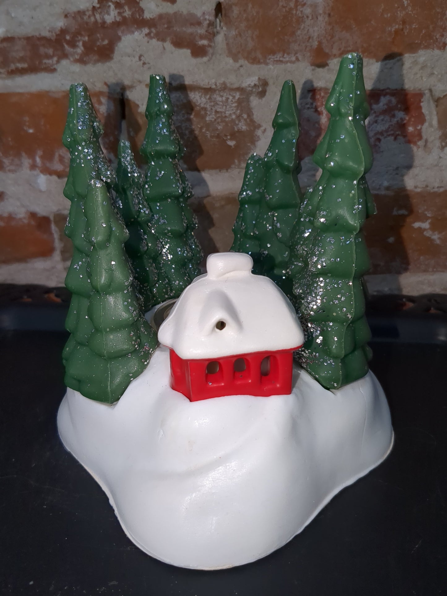 vintage Avon Winter Wonderland Bayberry Candle Scene candleholder barn trees av596